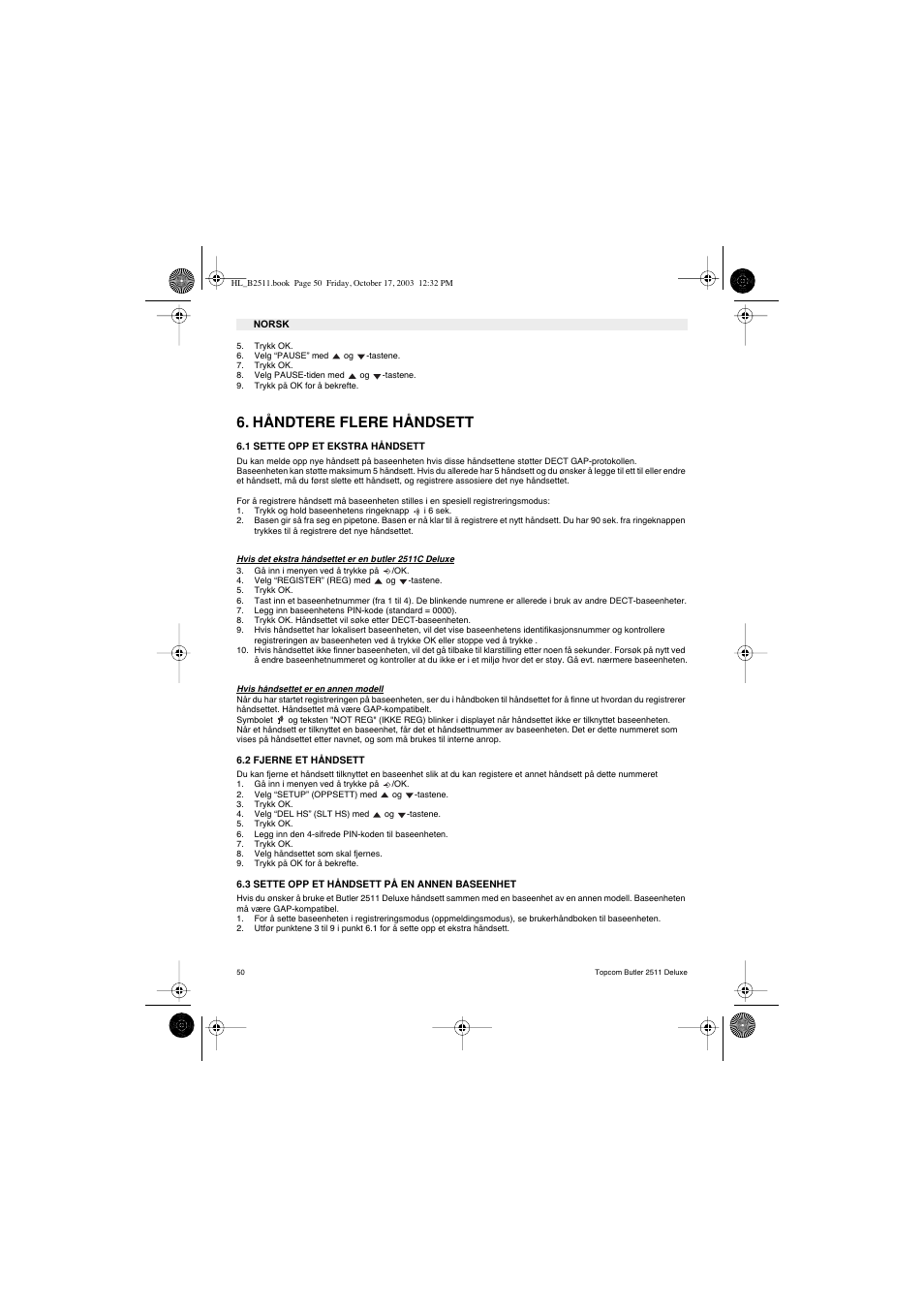 Håndtere flere håndsett | Topcom BUTLER 2511 Deluxe User Manual | Page 50 / 88