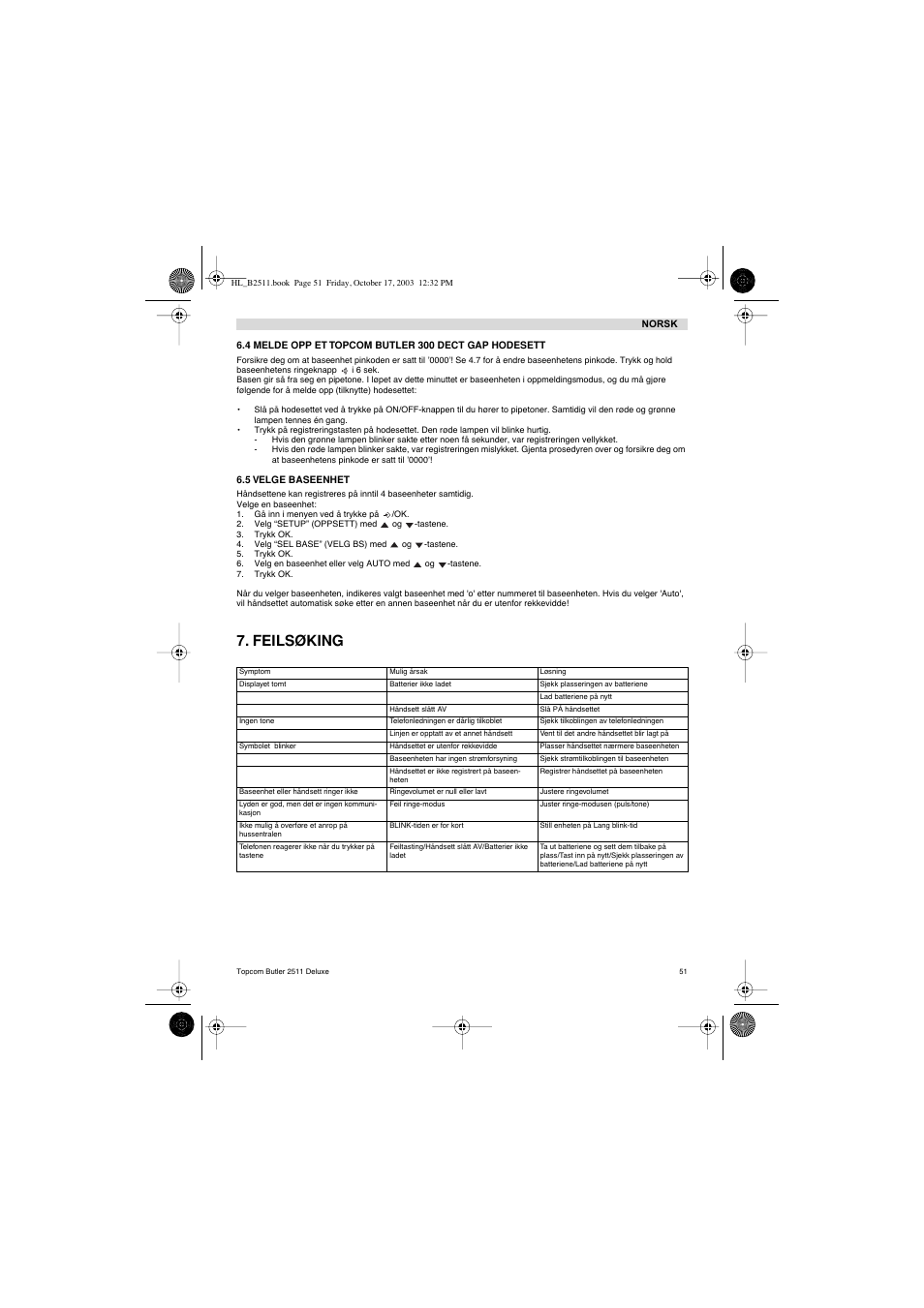 Feilsøking | Topcom BUTLER 2511 Deluxe User Manual | Page 51 / 88