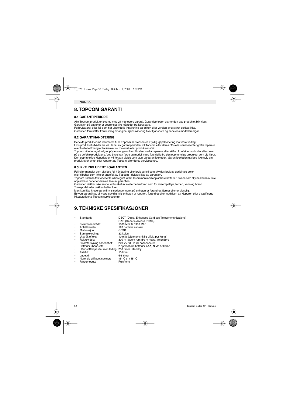Topcom garanti, Tekniske spesifikasjoner | Topcom BUTLER 2511 Deluxe User Manual | Page 52 / 88