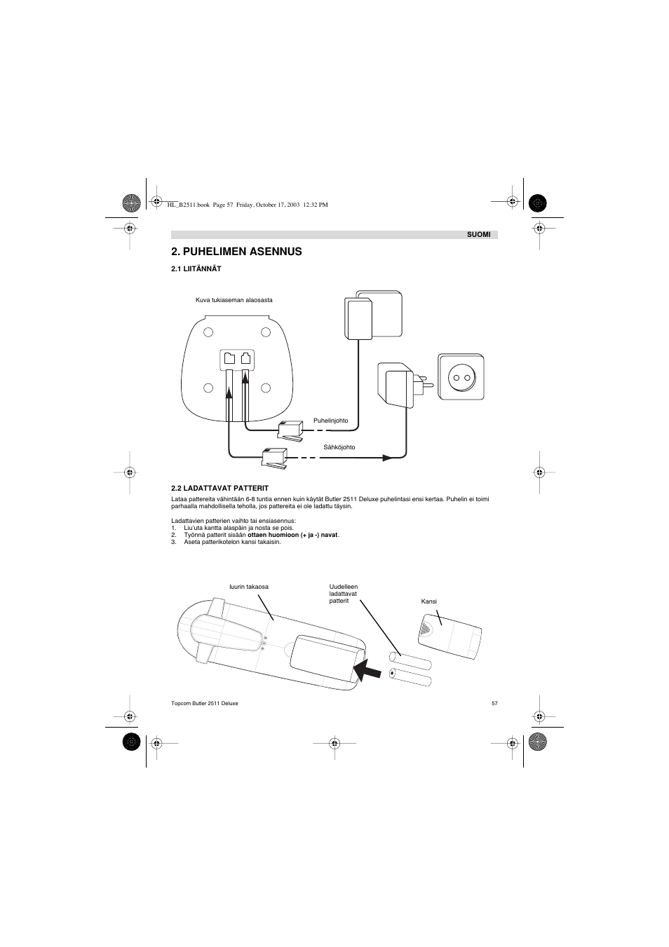 Puhelimen asennus | Topcom BUTLER 2511 Deluxe User Manual | Page 57 / 88