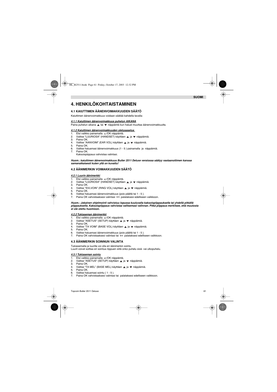 Henkilökohtaistaminen | Topcom BUTLER 2511 Deluxe User Manual | Page 61 / 88