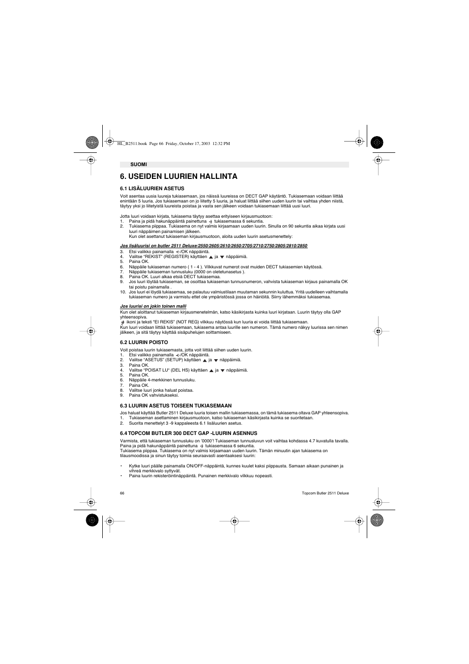 Useiden luurien hallinta | Topcom BUTLER 2511 Deluxe User Manual | Page 66 / 88