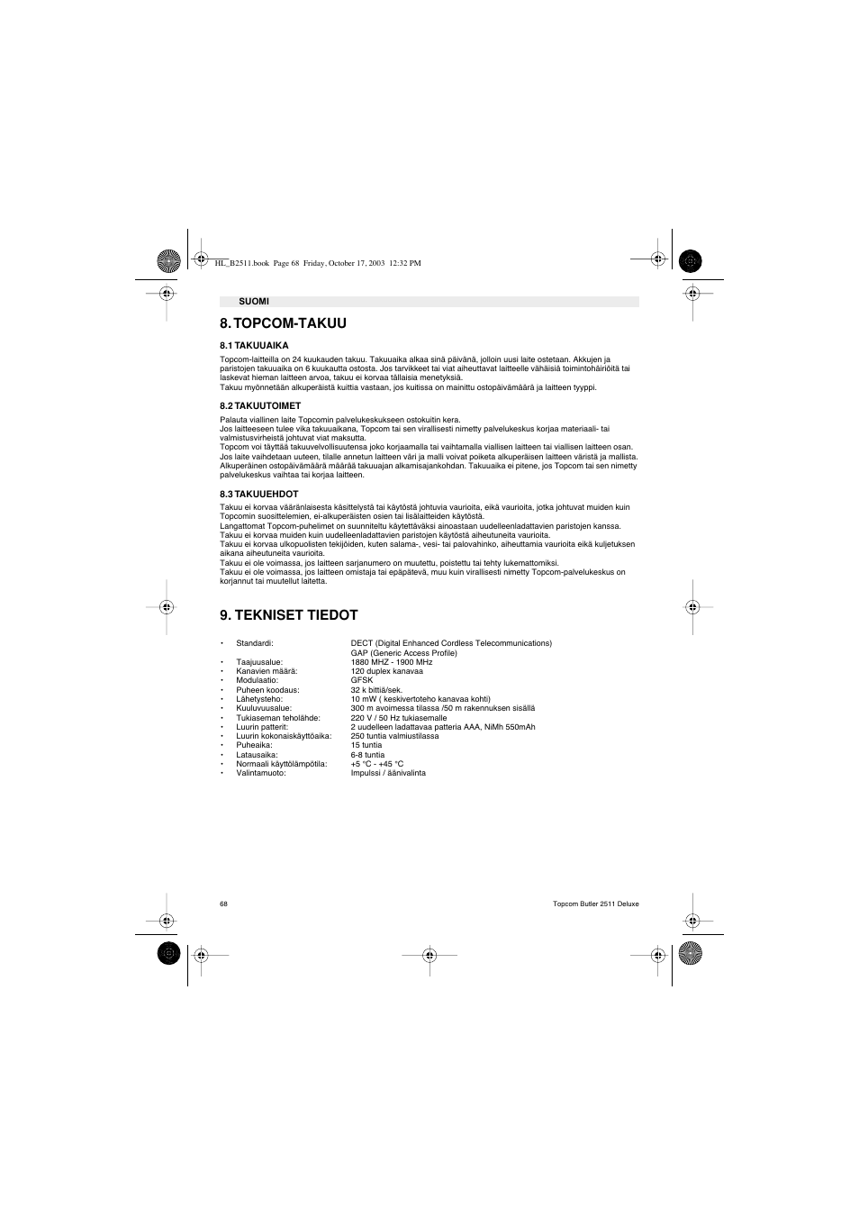 Topcom-takuu, Tekniset tiedot | Topcom BUTLER 2511 Deluxe User Manual | Page 68 / 88