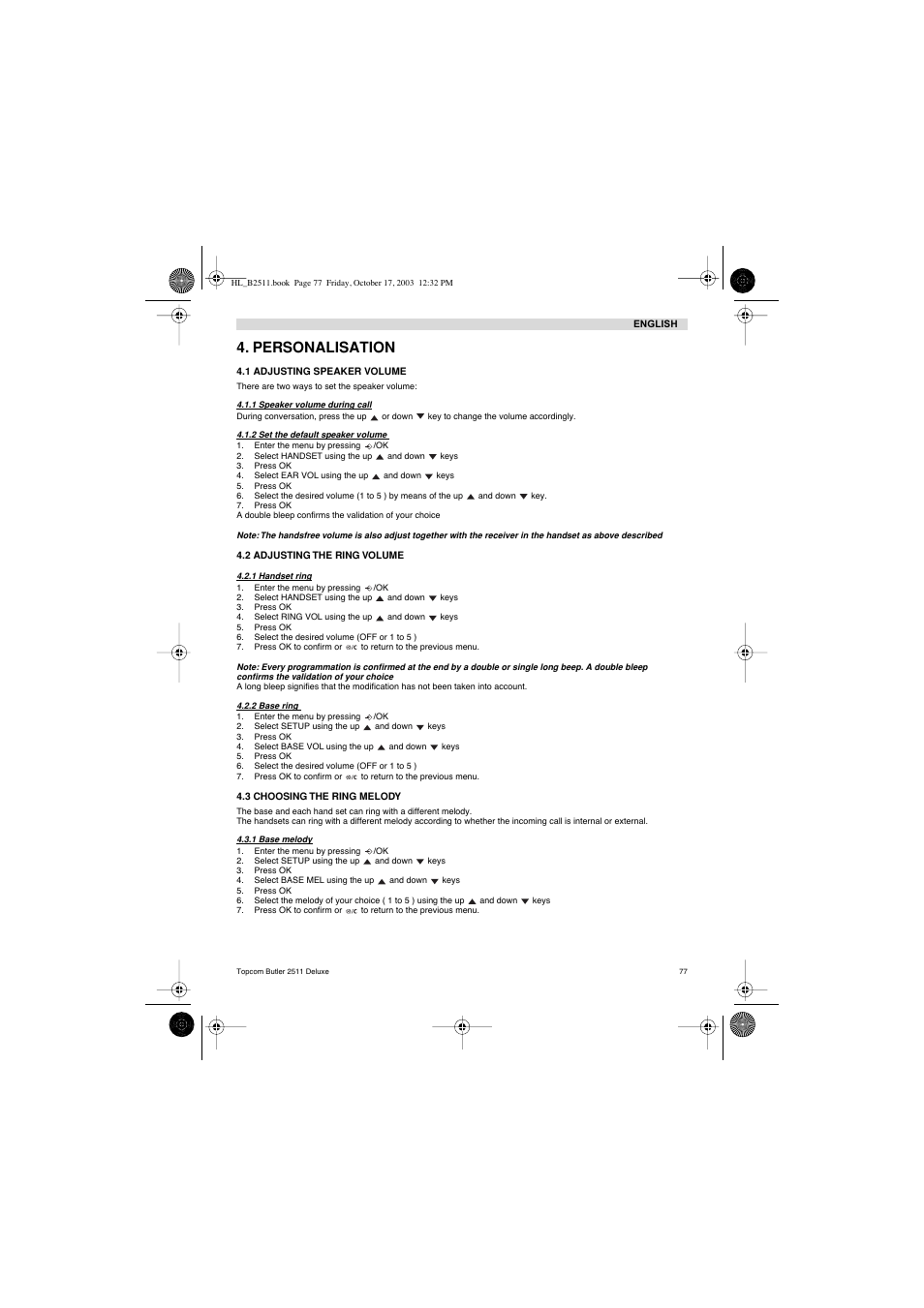 Personalisation | Topcom BUTLER 2511 Deluxe User Manual | Page 77 / 88
