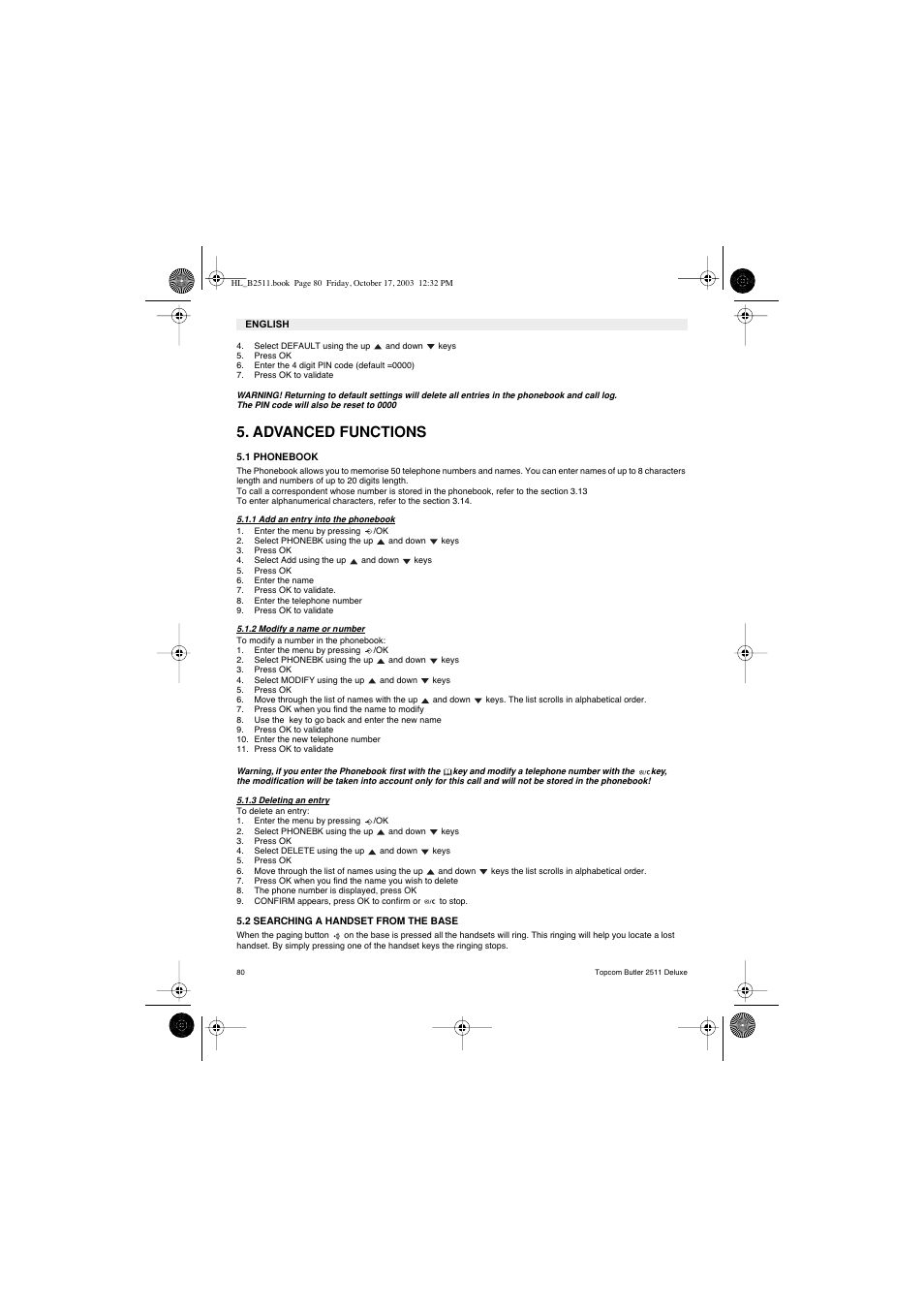 Advanced functions | Topcom BUTLER 2511 Deluxe User Manual | Page 80 / 88