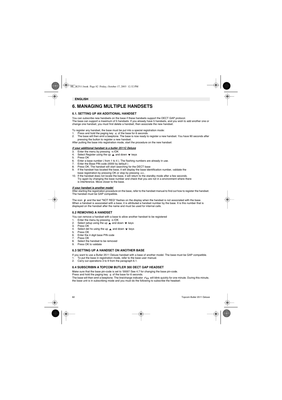 Managing multiple handsets | Topcom BUTLER 2511 Deluxe User Manual | Page 82 / 88