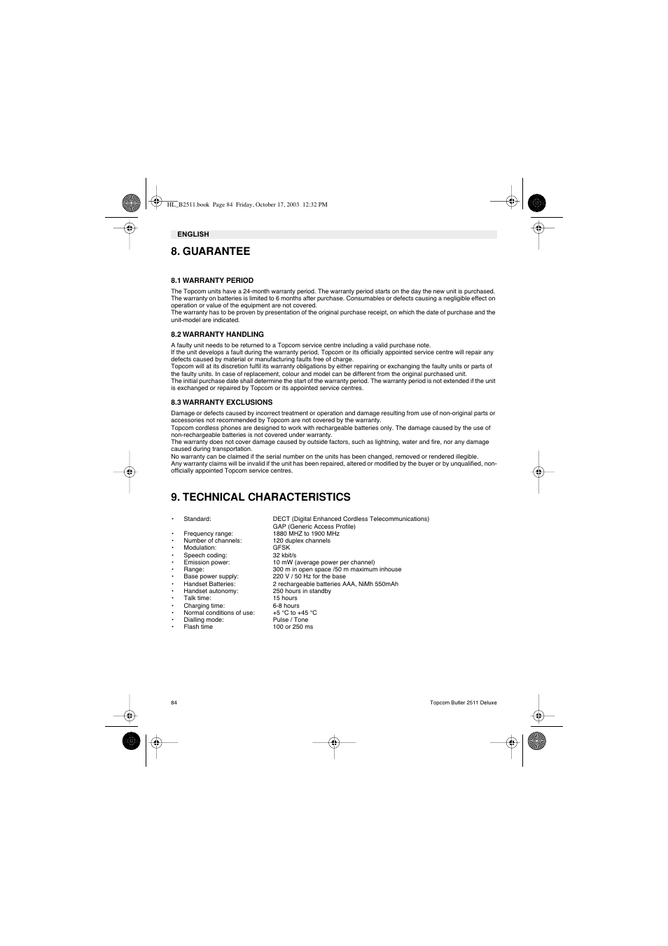 Guarantee, Technical characteristics | Topcom BUTLER 2511 Deluxe User Manual | Page 84 / 88