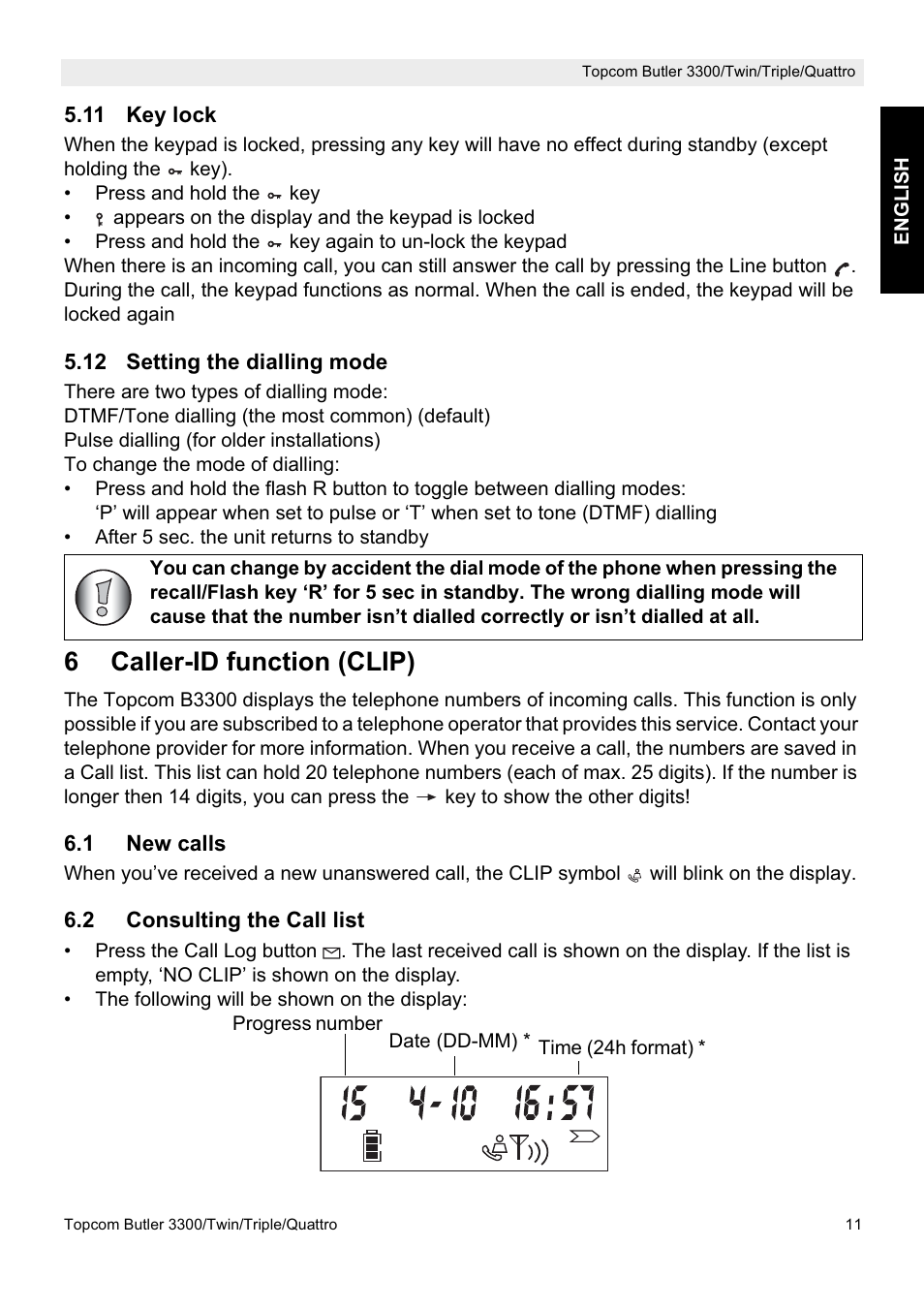 6caller-id function (clip) | Topcom BUTLER 3300/Twin User Manual | Page 11 / 16