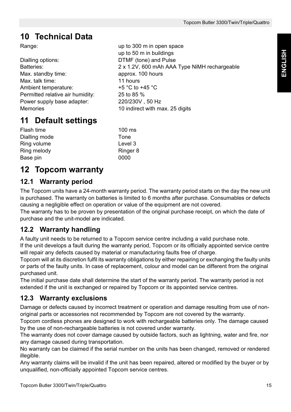 10 technical data, 11 default settings, 12 topcom warranty | Topcom BUTLER 3300/Twin User Manual | Page 15 / 16
