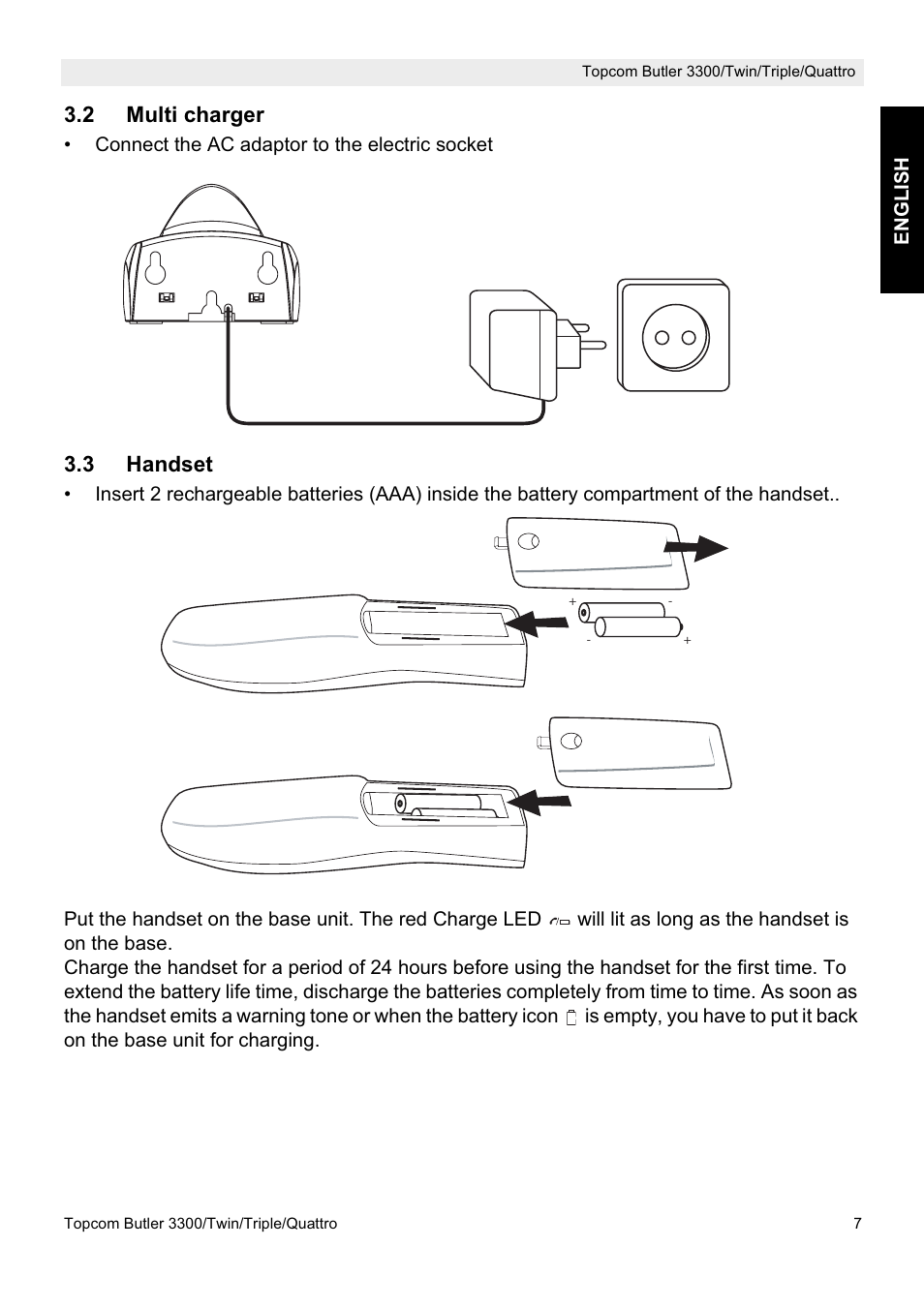 2 multi charger, 3 handset | Topcom BUTLER 3300/Twin User Manual | Page 7 / 16