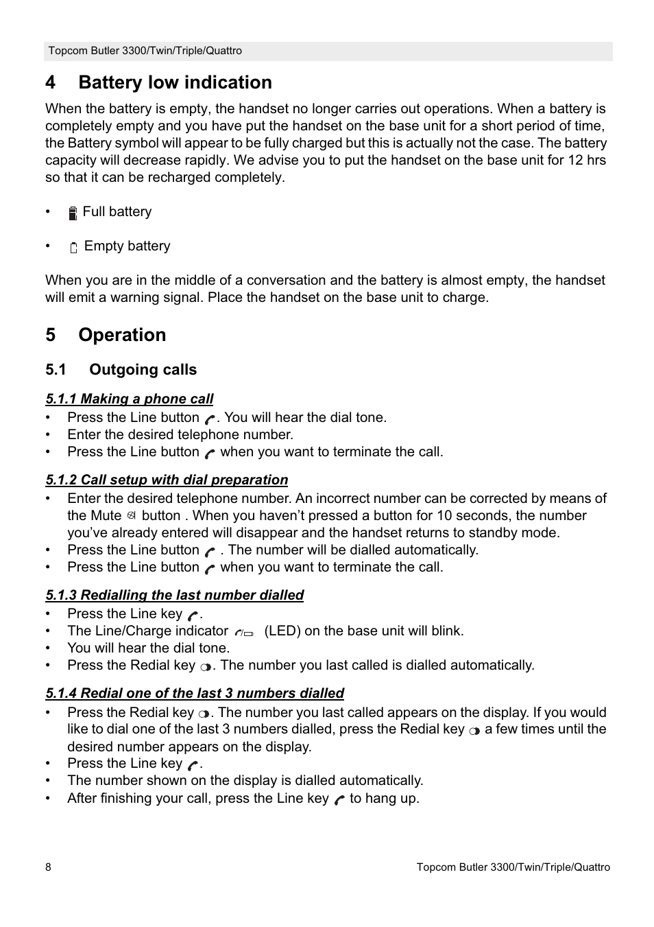 4battery low indication, 5operation | Topcom BUTLER 3300/Twin User Manual | Page 8 / 16