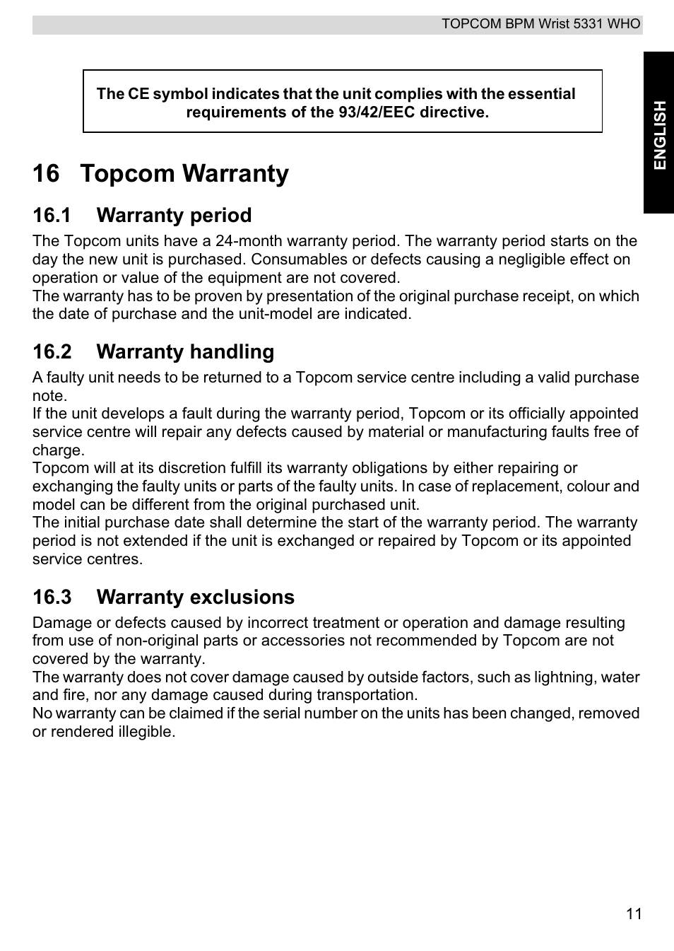 16 topcom warranty, 1 warranty period, 2 warranty handling | 3 warranty exclusions | Topcom 5331 WHO User Manual | Page 11 / 76