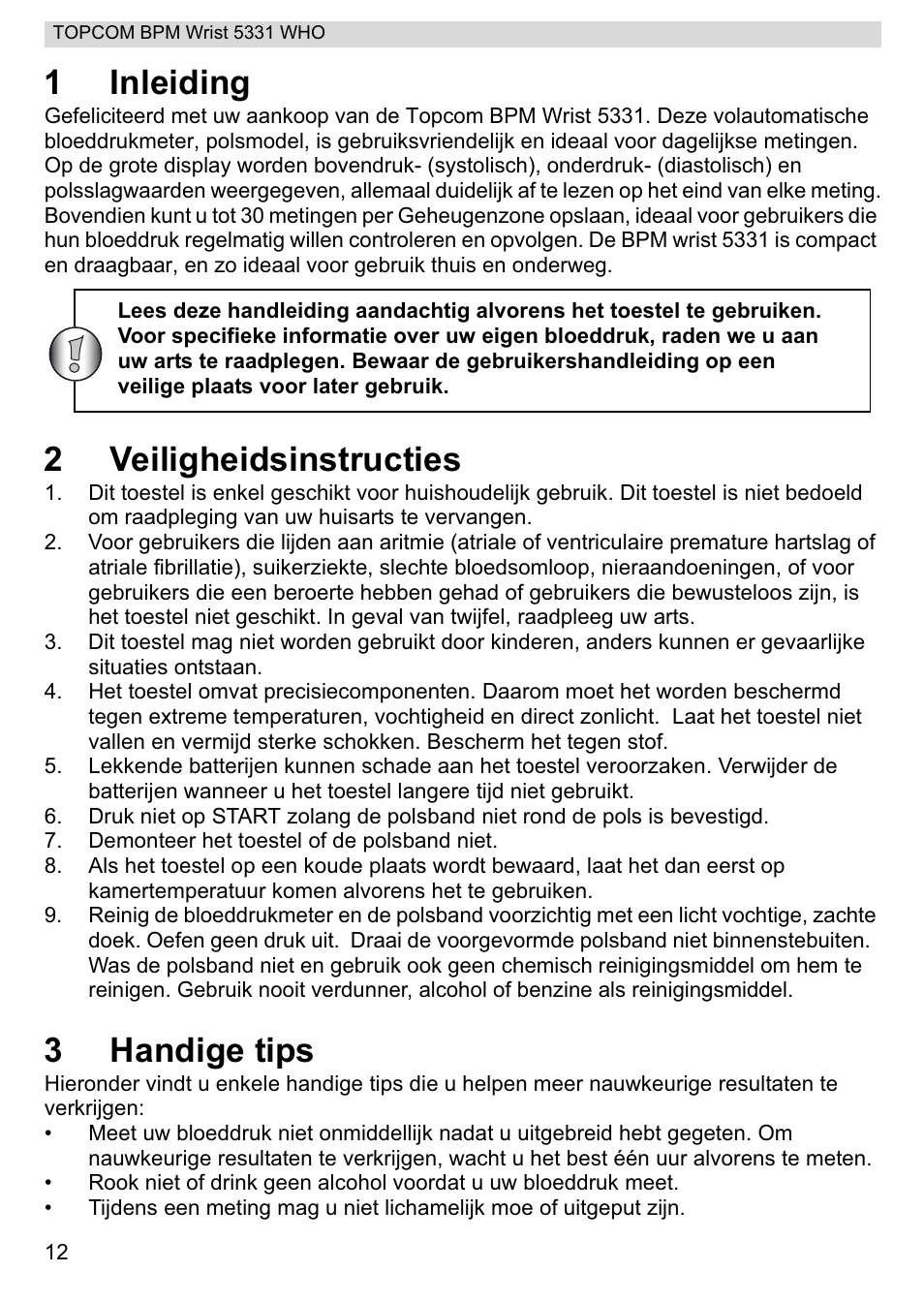 1inleiding, 2veiligheidsinstructies, 3handige tips | Topcom 5331 WHO User Manual | Page 12 / 76