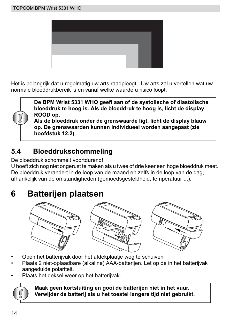 6batterijen plaatsen, 4 bloeddrukschommeling | Topcom 5331 WHO User Manual | Page 14 / 76