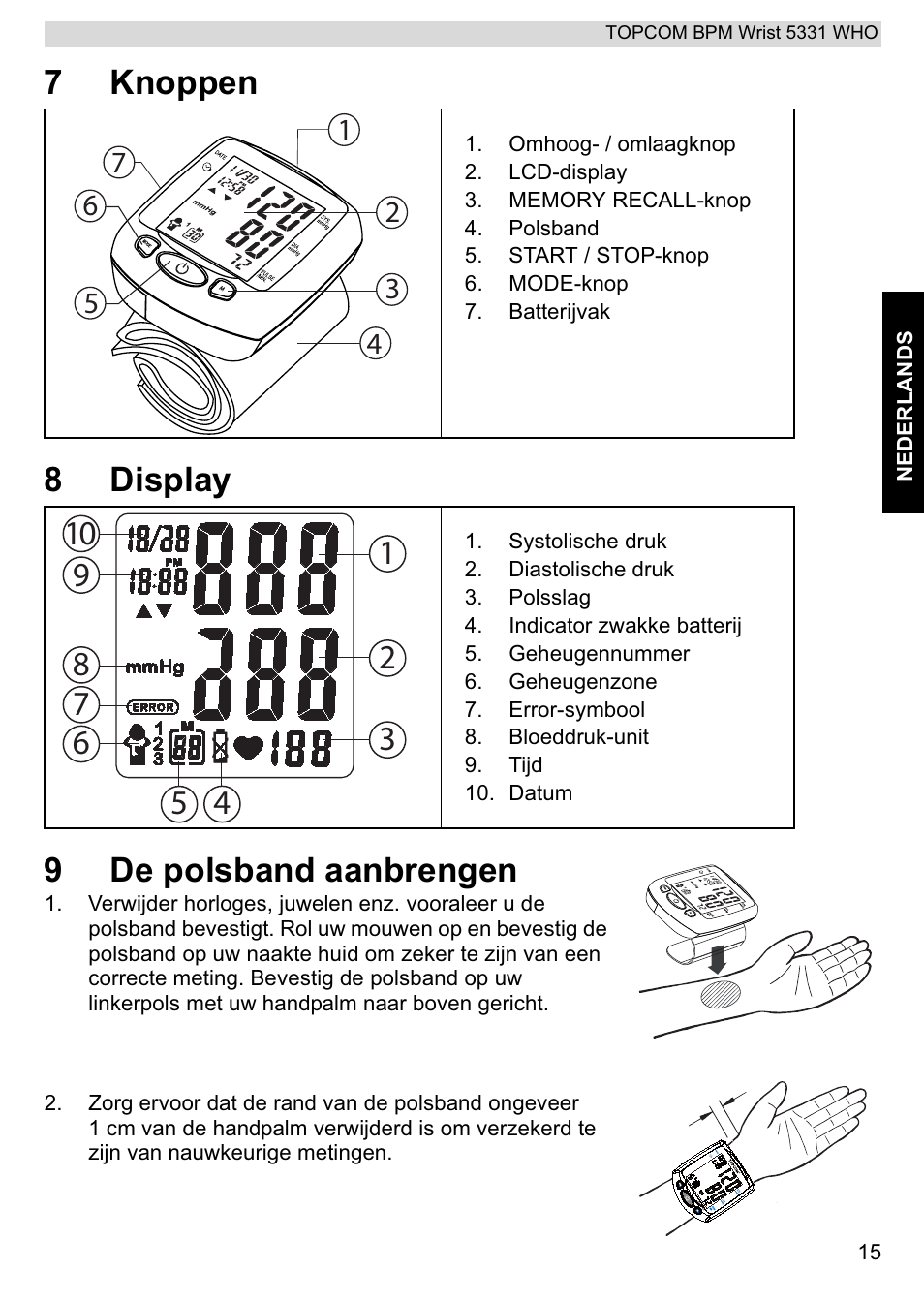 7knoppen 8 display 9 de polsband aanbrengen | Topcom 5331 WHO User Manual | Page 15 / 76
