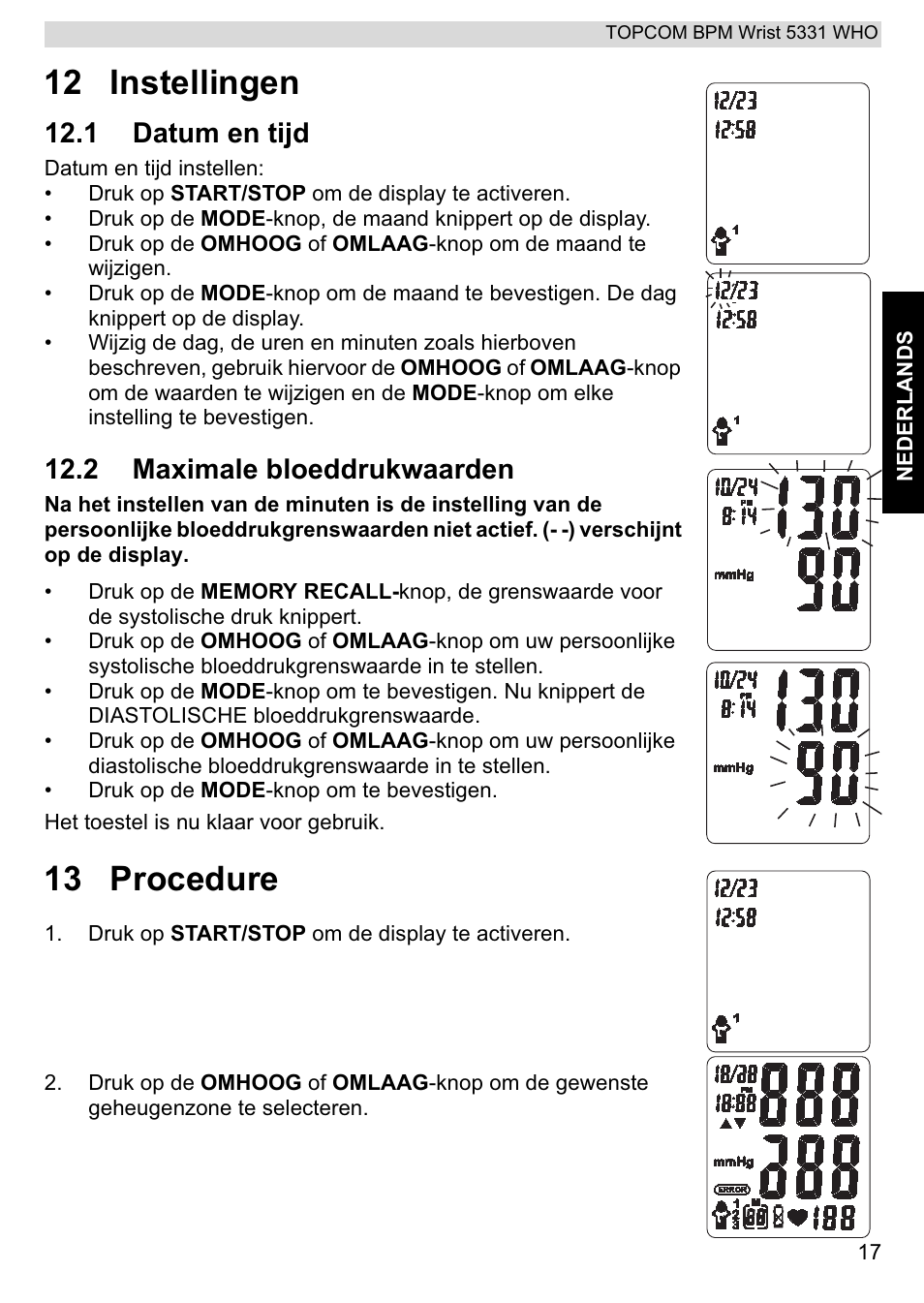 12 instellingen, 13 procedure, 1 datum en tijd | 2 maximale bloeddrukwaarden | Topcom 5331 WHO User Manual | Page 17 / 76