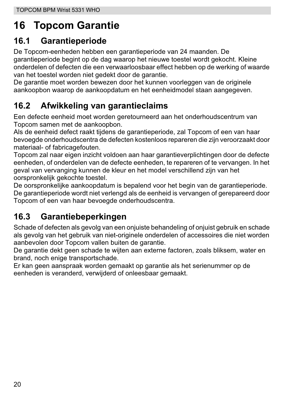 16 topcom garantie | Topcom 5331 WHO User Manual | Page 20 / 76