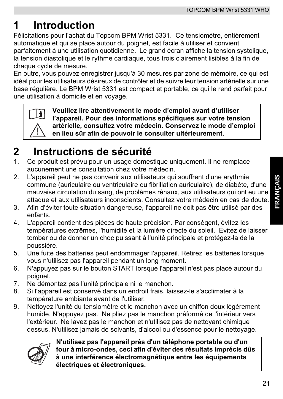 1introduction, 2instructions de sécurité | Topcom 5331 WHO User Manual | Page 21 / 76