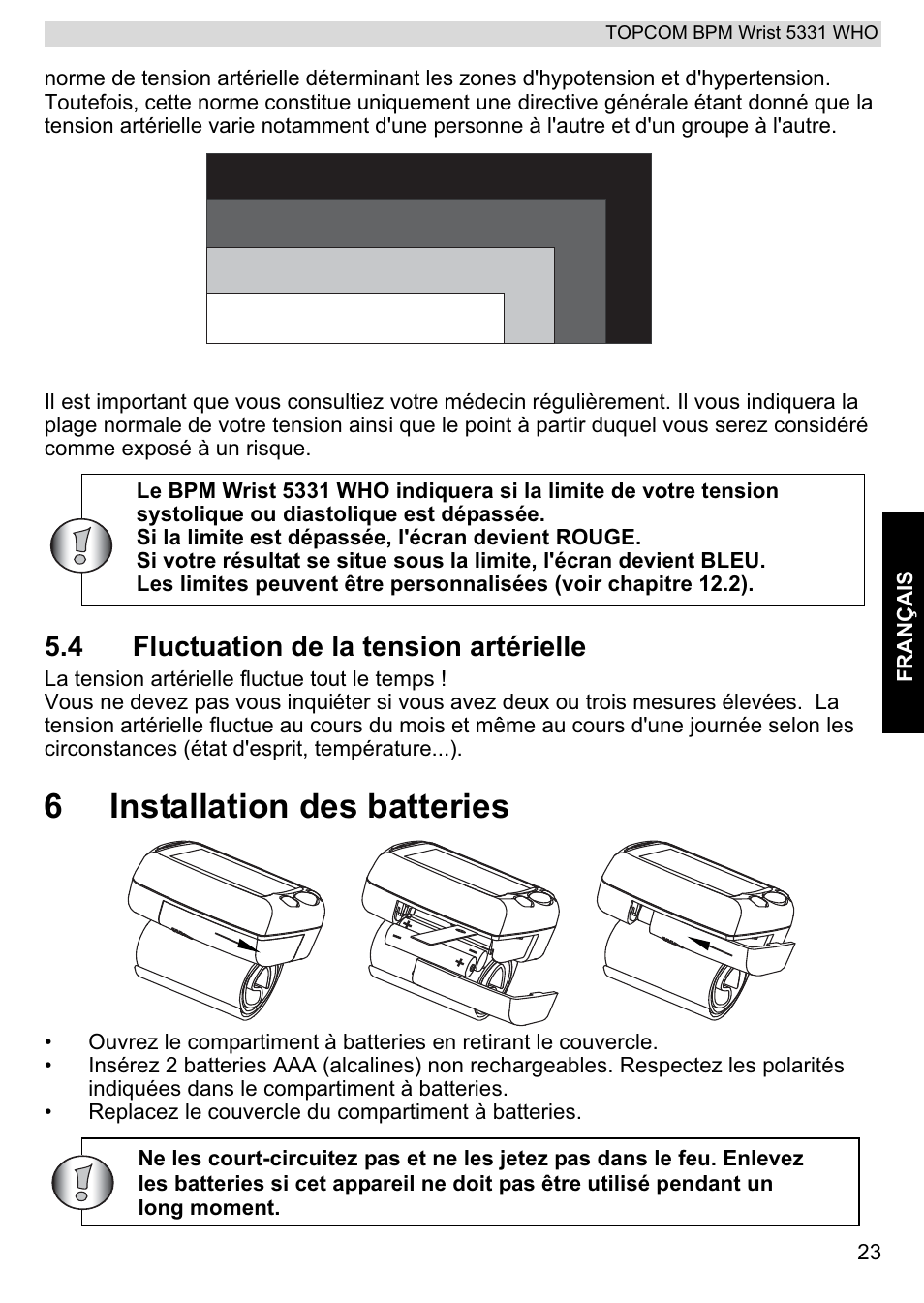 6installation des batteries, 4 fluctuation de la tension artérielle | Topcom 5331 WHO User Manual | Page 23 / 76