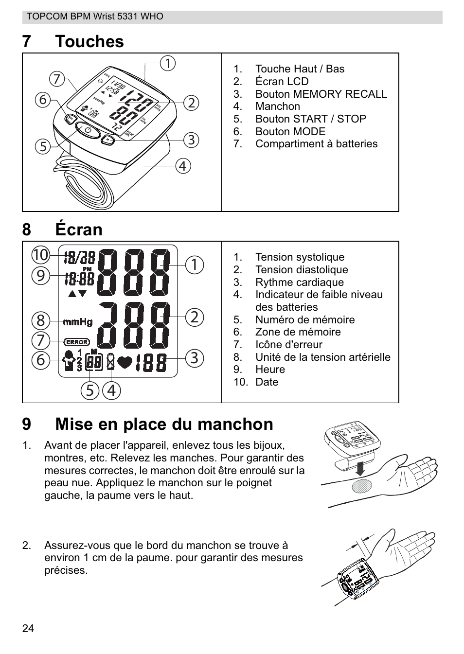 7touches 8 écran 9 mise en place du manchon | Topcom 5331 WHO User Manual | Page 24 / 76