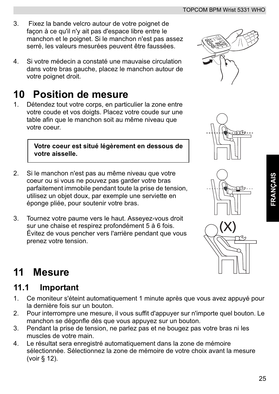 10 position de mesure, 11 mesure, 1 important | Topcom 5331 WHO User Manual | Page 25 / 76