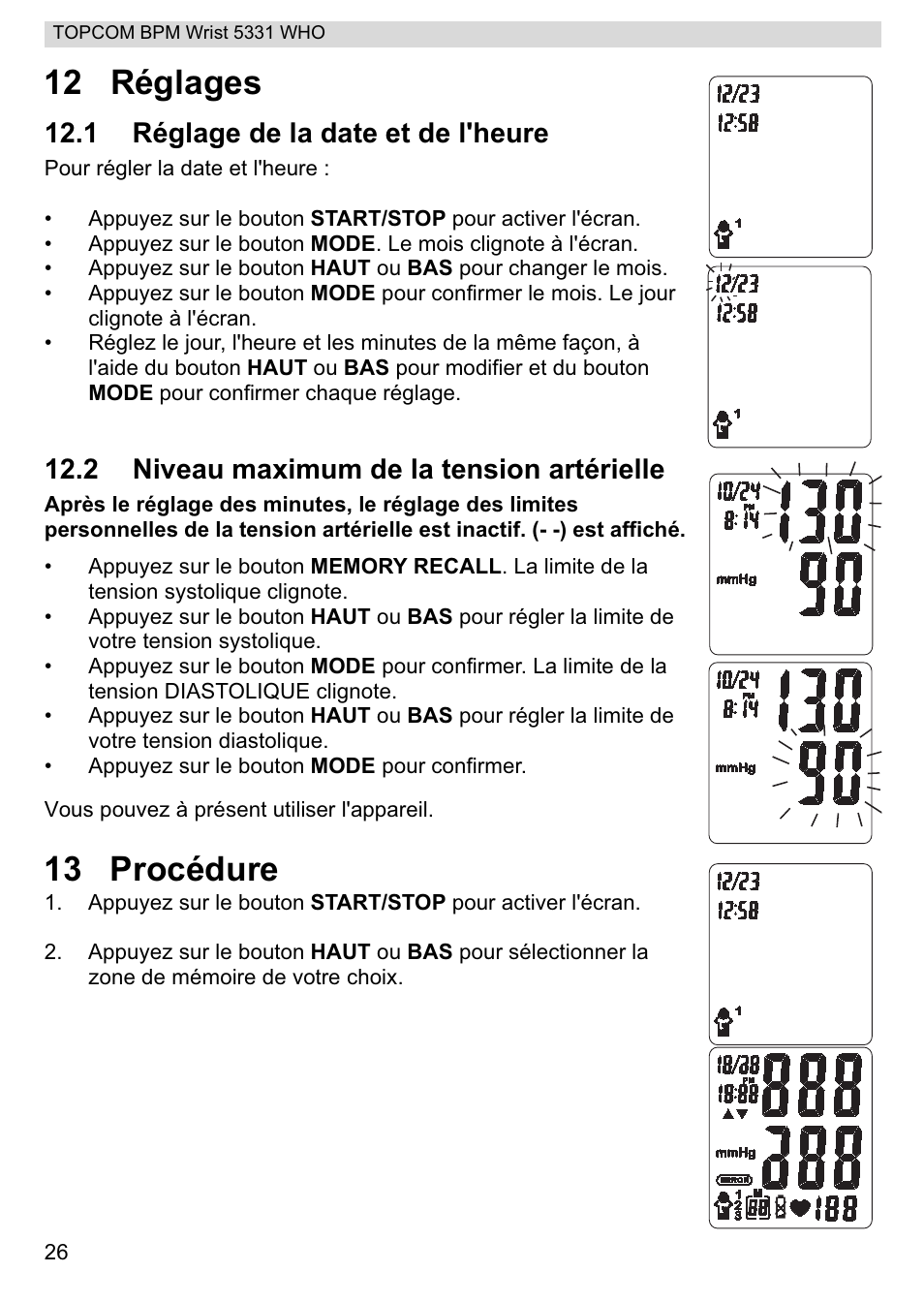 12 réglages, 13 procédure, 1 réglage de la date et de l'heure | 2 niveau maximum de la tension artérielle | Topcom 5331 WHO User Manual | Page 26 / 76