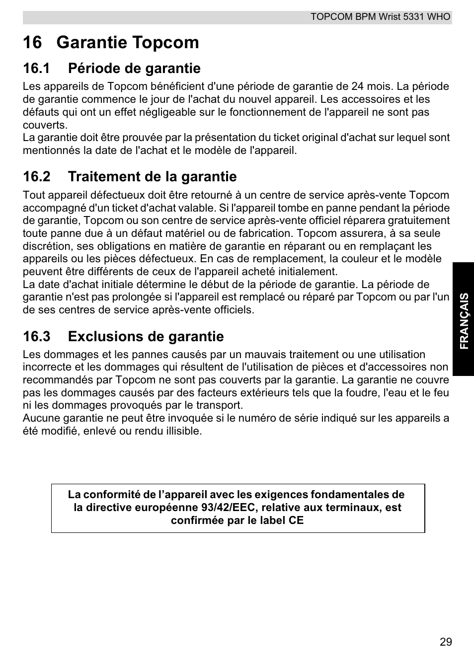 16 garantie topcom, 1 période de garantie, 2 traitement de la garantie | 3 exclusions de garantie | Topcom 5331 WHO User Manual | Page 29 / 76