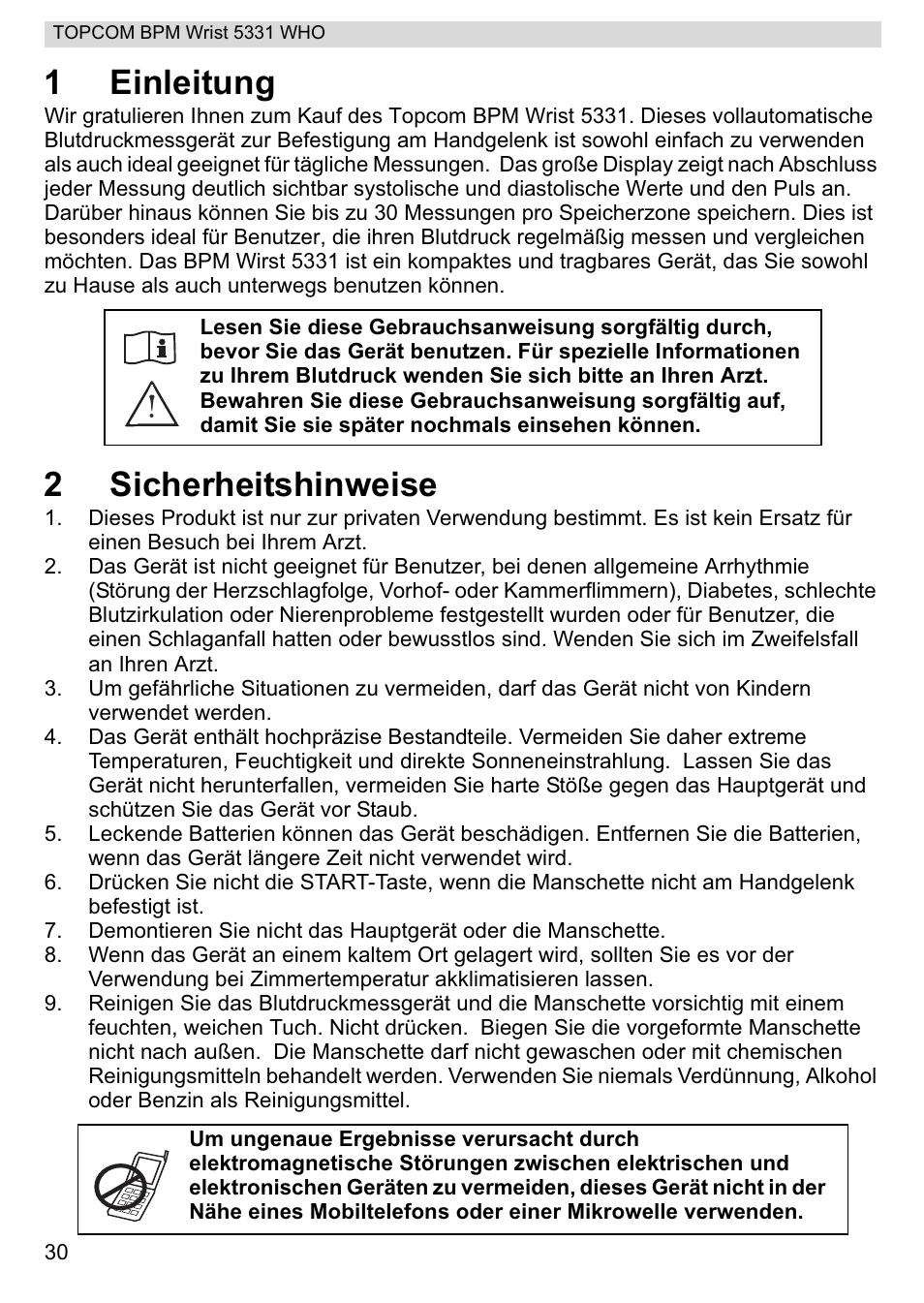 1einleitung, 2sicherheitshinweise | Topcom 5331 WHO User Manual | Page 30 / 76