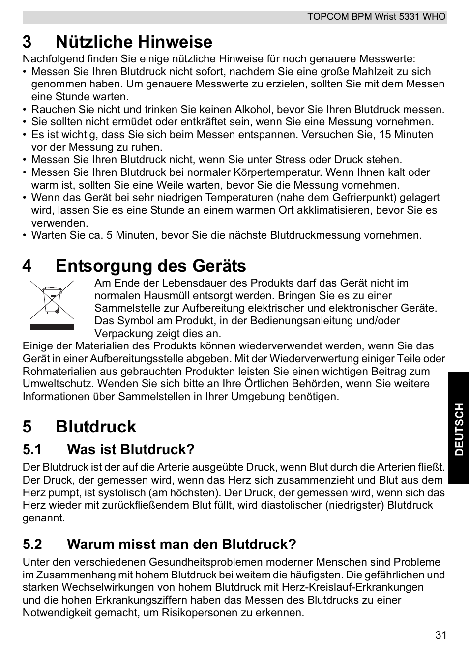 3nützliche hinweise, 4entsorgung des geräts, 5blutdruck | Topcom 5331 WHO User Manual | Page 31 / 76