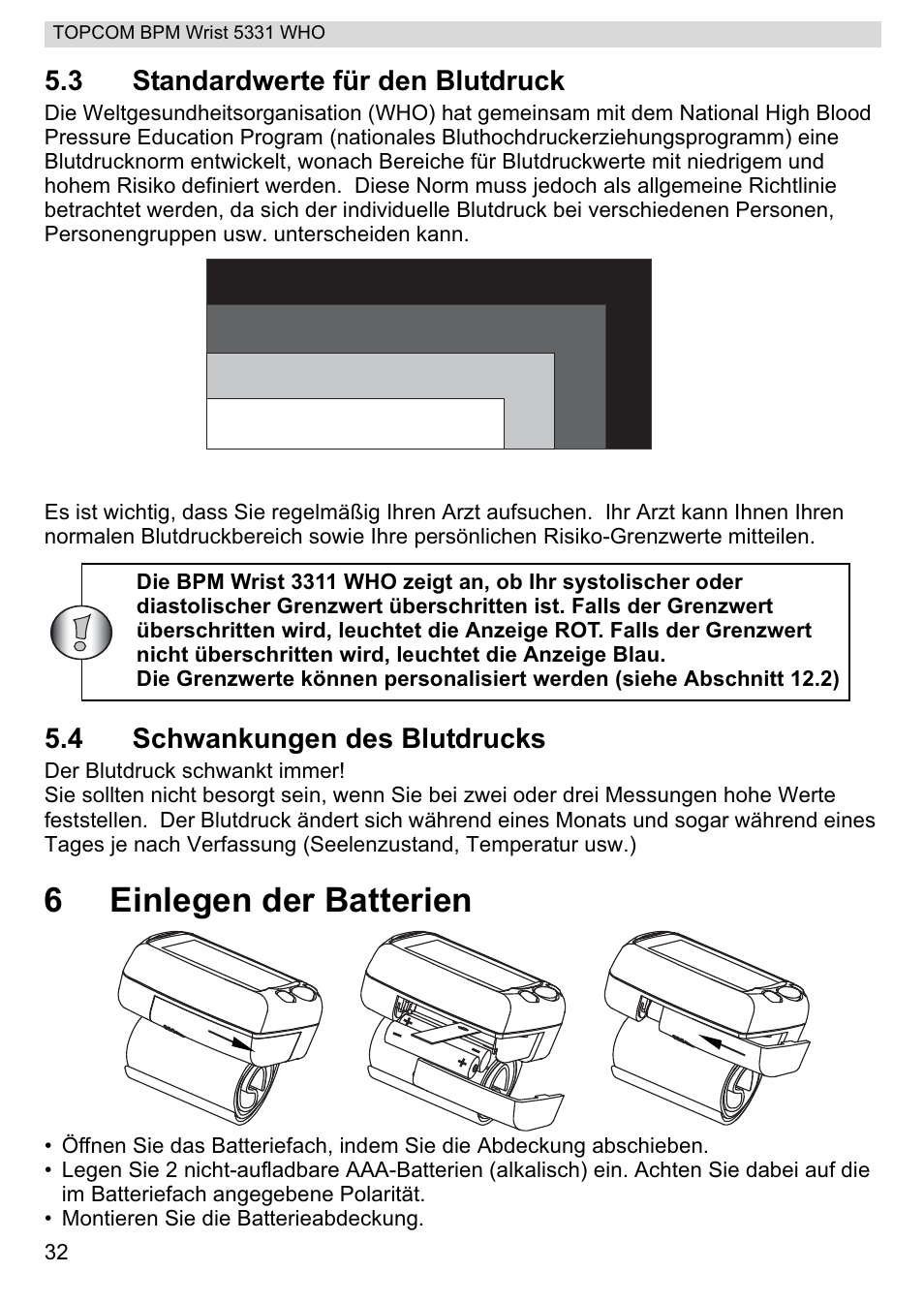 6einlegen der batterien, 3 standardwerte für den blutdruck, 4 schwankungen des blutdrucks | Topcom 5331 WHO User Manual | Page 32 / 76