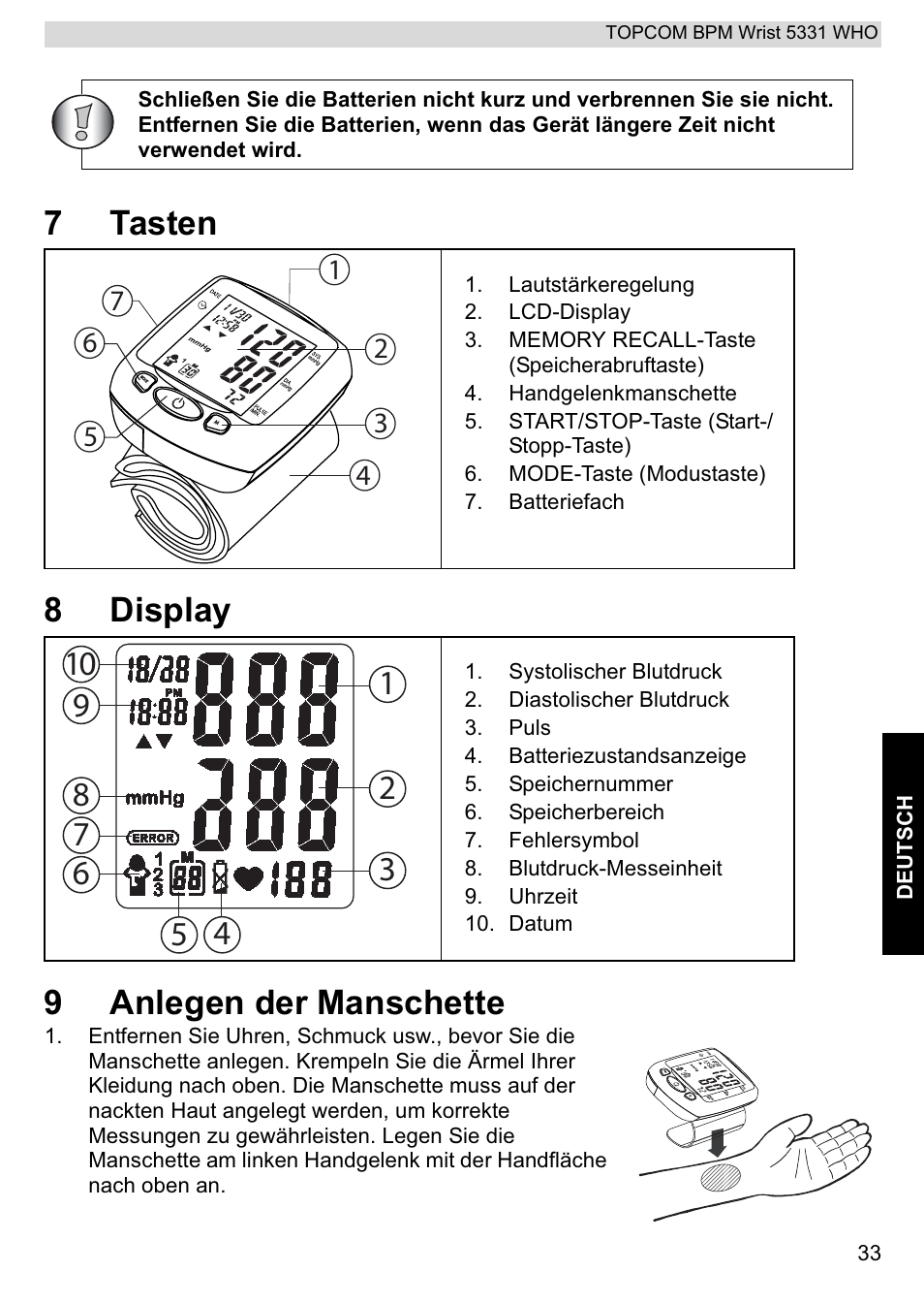 7tasten 8 display 9 anlegen der manschette | Topcom 5331 WHO User Manual | Page 33 / 76