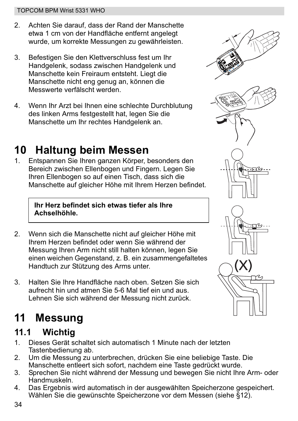 10 haltung beim messen, 11 messung, 1 wichtig | Topcom 5331 WHO User Manual | Page 34 / 76