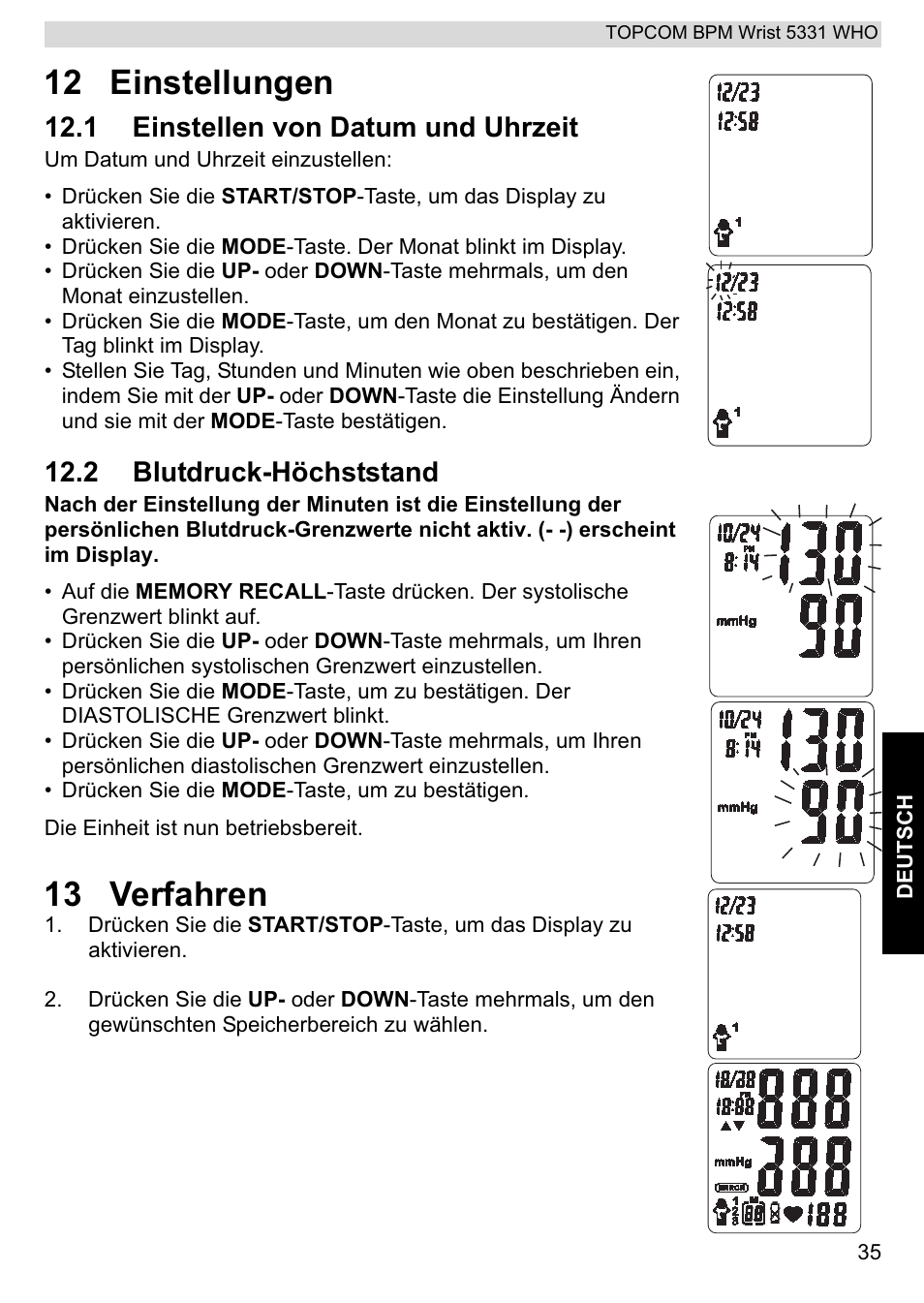 12 einstellungen, 13 verfahren, 1 einstellen von datum und uhrzeit | 2 blutdruck-höchststand | Topcom 5331 WHO User Manual | Page 35 / 76