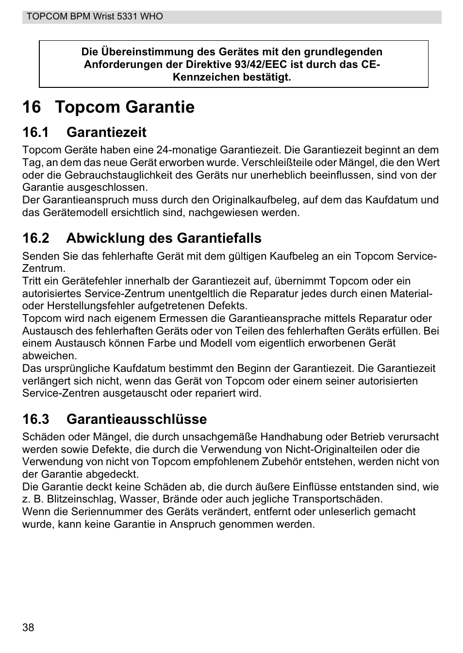 16 topcom garantie, 1 garantiezeit, 2 abwicklung des garantiefalls | 3 garantieausschlüsse | Topcom 5331 WHO User Manual | Page 38 / 76