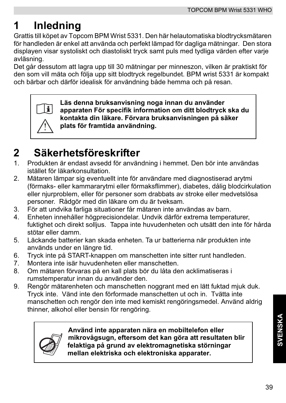 1inledning, 2säkerhetsföreskrifter | Topcom 5331 WHO User Manual | Page 39 / 76