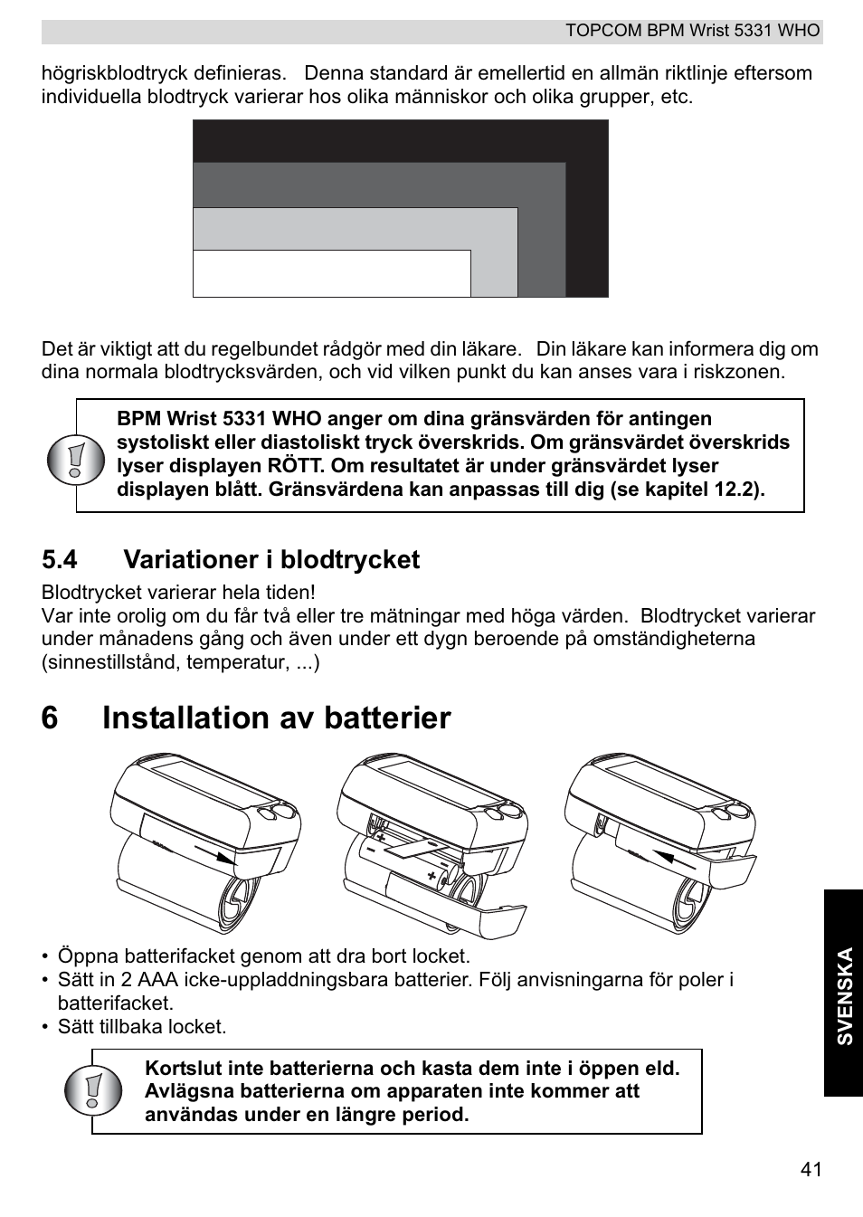 6installation av batterier, 4 variationer i blodtrycket | Topcom 5331 WHO User Manual | Page 41 / 76