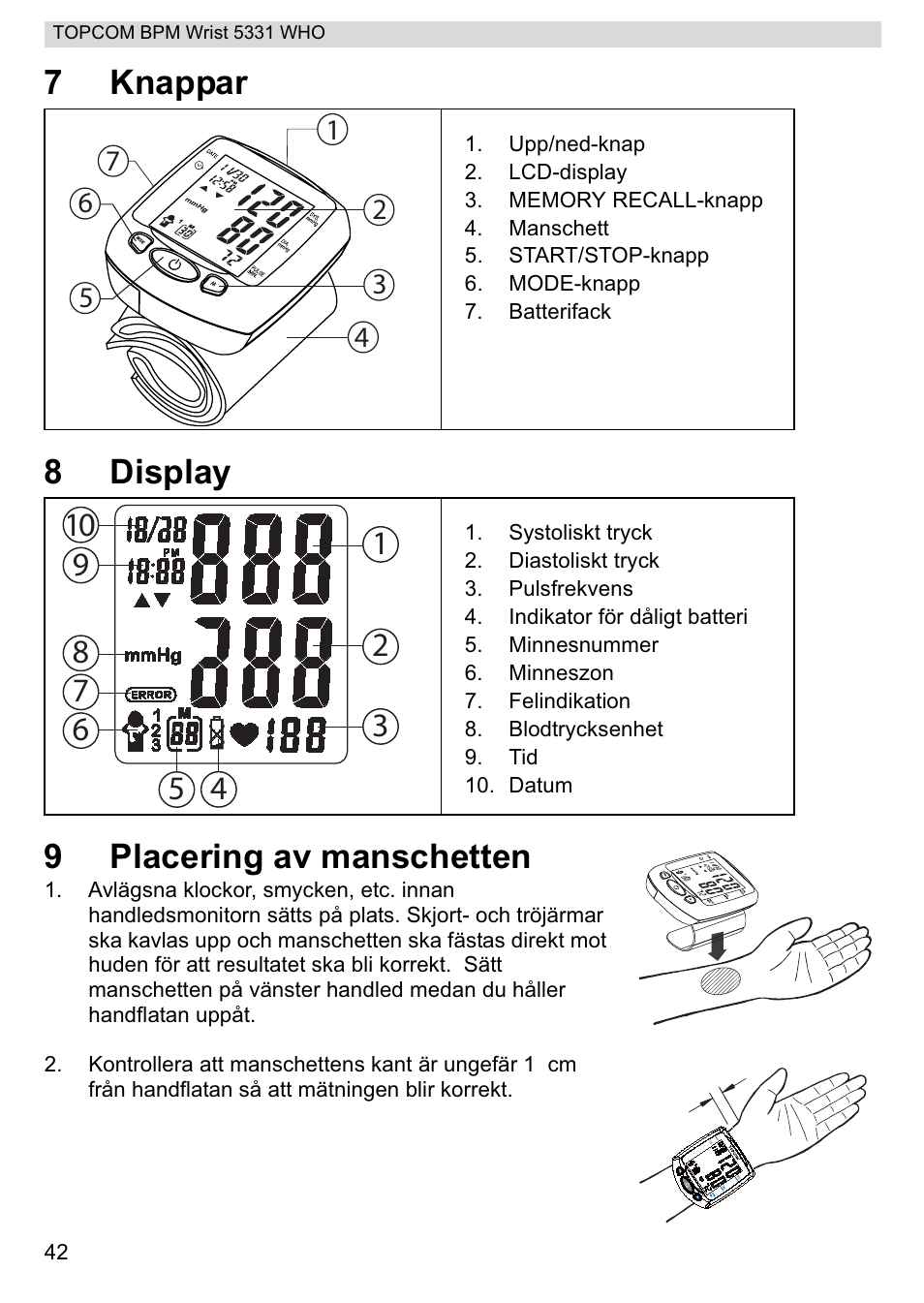 7knappar 8 display 9 placering av manschetten | Topcom 5331 WHO User Manual | Page 42 / 76