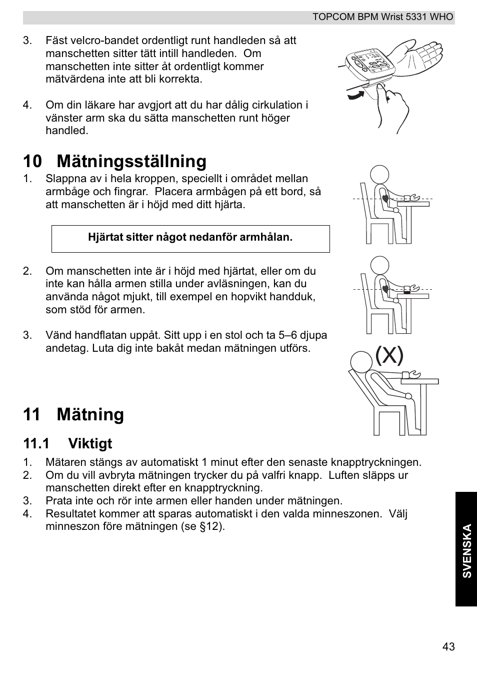 10 mätningsställning, 11 mätning, 1 viktigt | Topcom 5331 WHO User Manual | Page 43 / 76