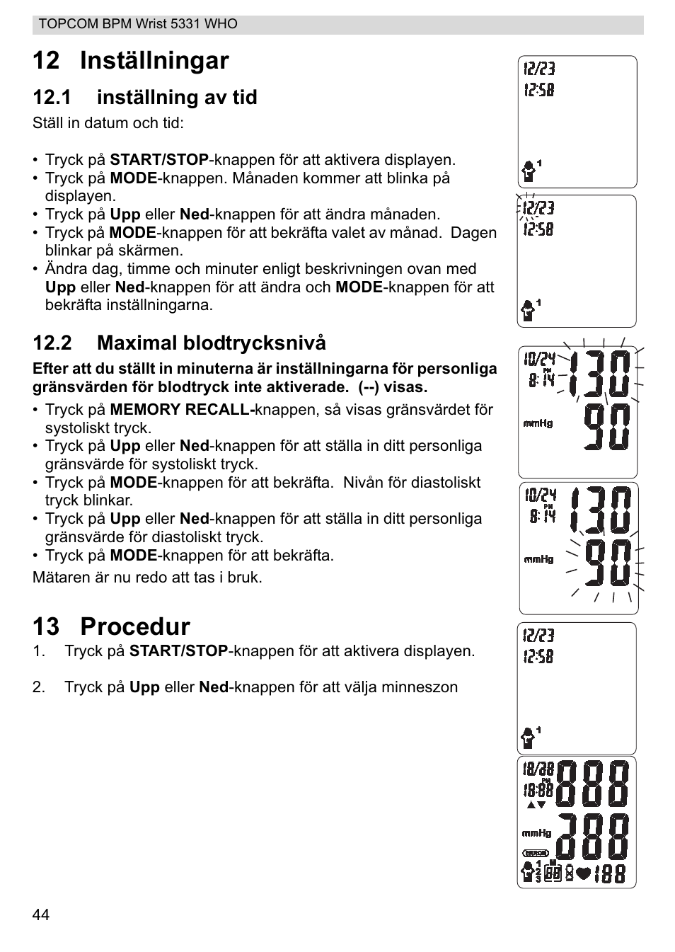 12 inställningar, 13 procedur, 1 inställning av tid | 2 maximal blodtrycksnivå | Topcom 5331 WHO User Manual | Page 44 / 76