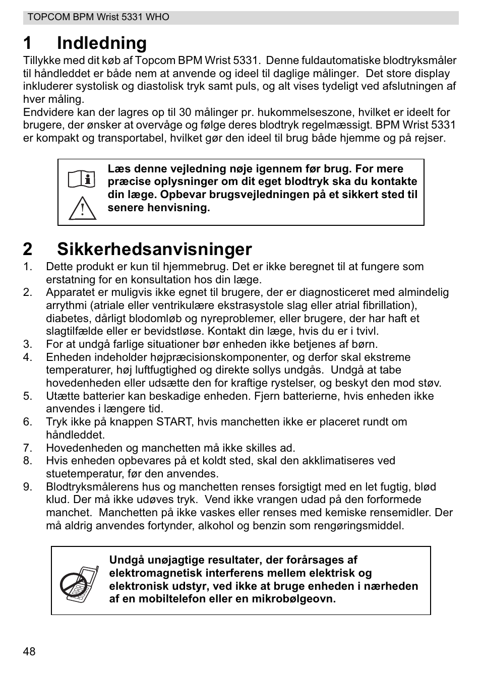 1indledning, 2sikkerhedsanvisninger | Topcom 5331 WHO User Manual | Page 48 / 76
