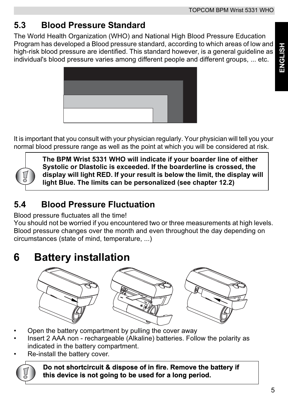 6battery installation, 3 blood pressure standard, 4 blood pressure fluctuation | Topcom 5331 WHO User Manual | Page 5 / 76
