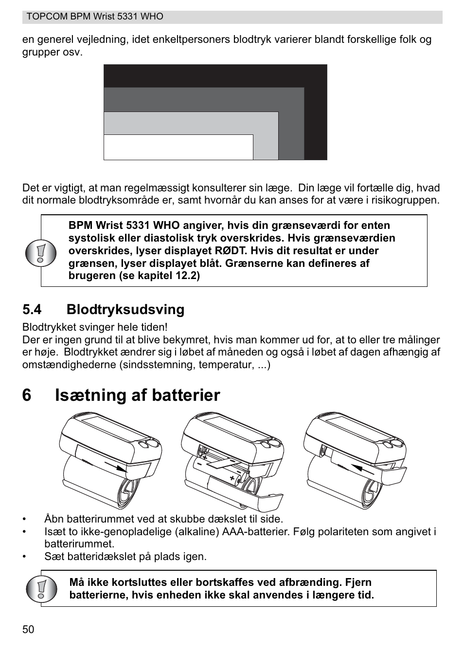 6isætning af batterier, 4 blodtryksudsving | Topcom 5331 WHO User Manual | Page 50 / 76