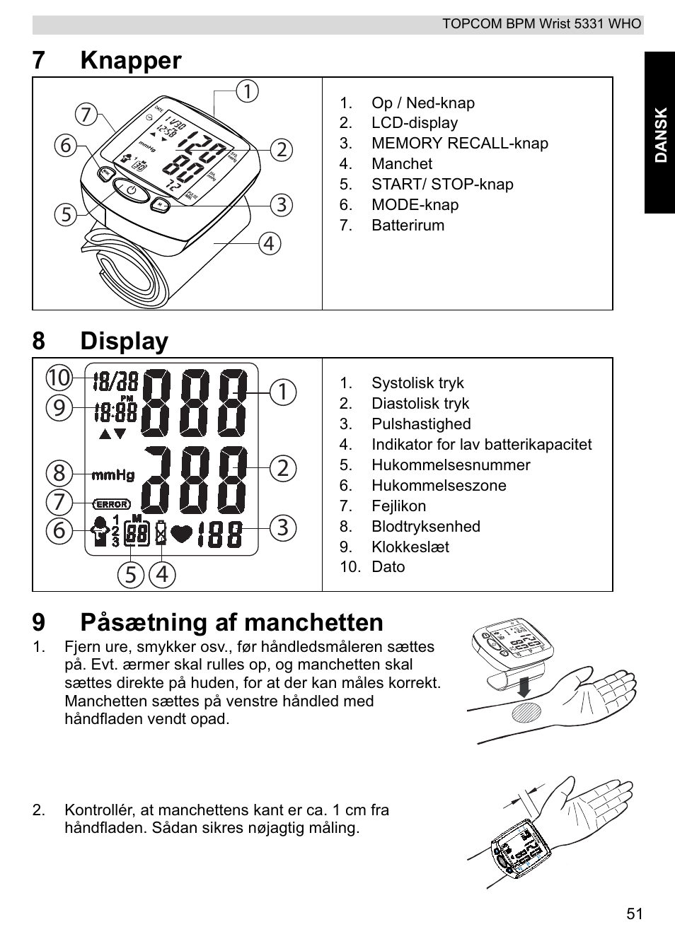 7knapper 8 display 9 påsætning af manchetten | Topcom 5331 WHO User Manual | Page 51 / 76