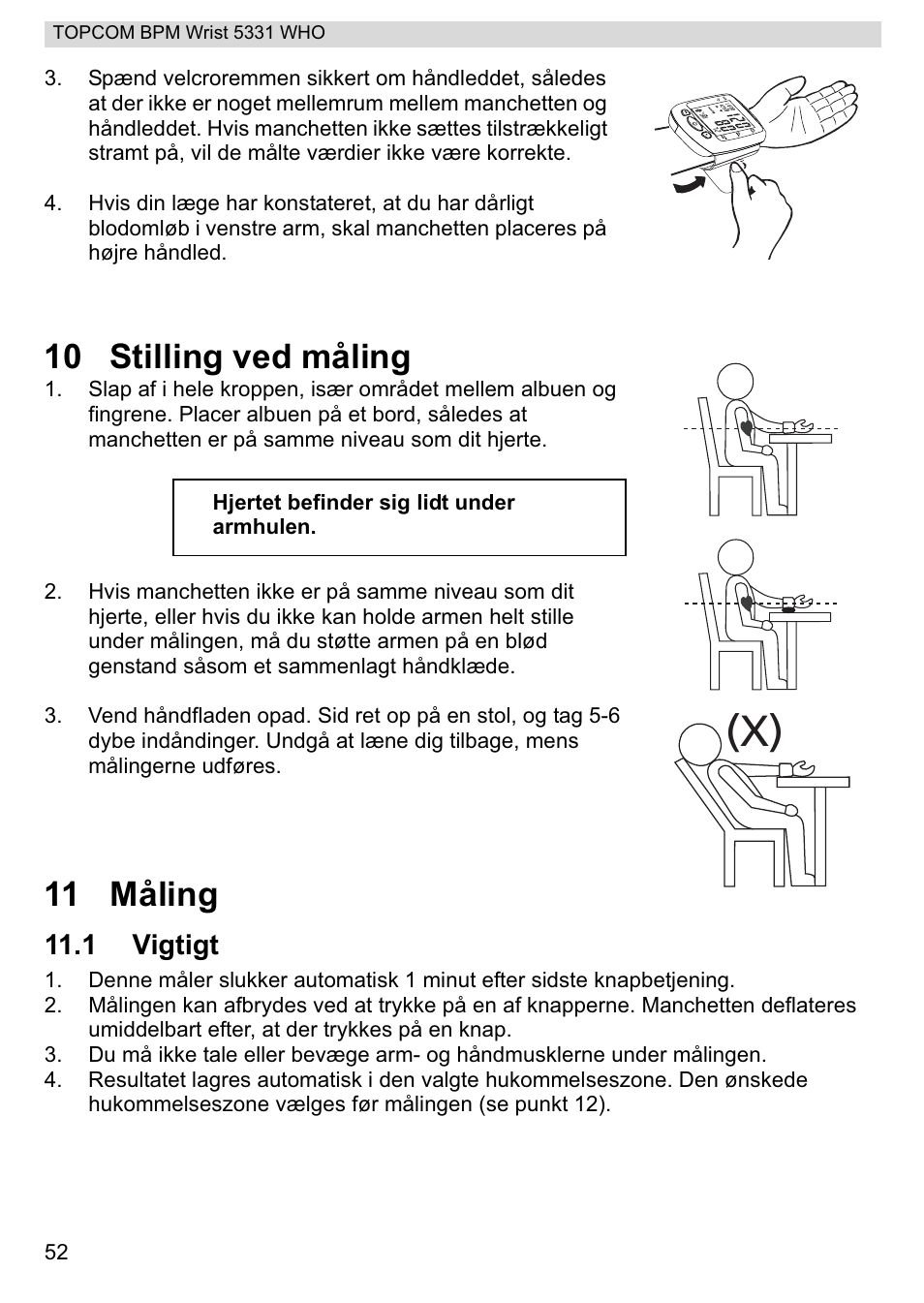 10 stilling ved måling, 11 måling, 1 vigtigt | Topcom 5331 WHO User Manual | Page 52 / 76