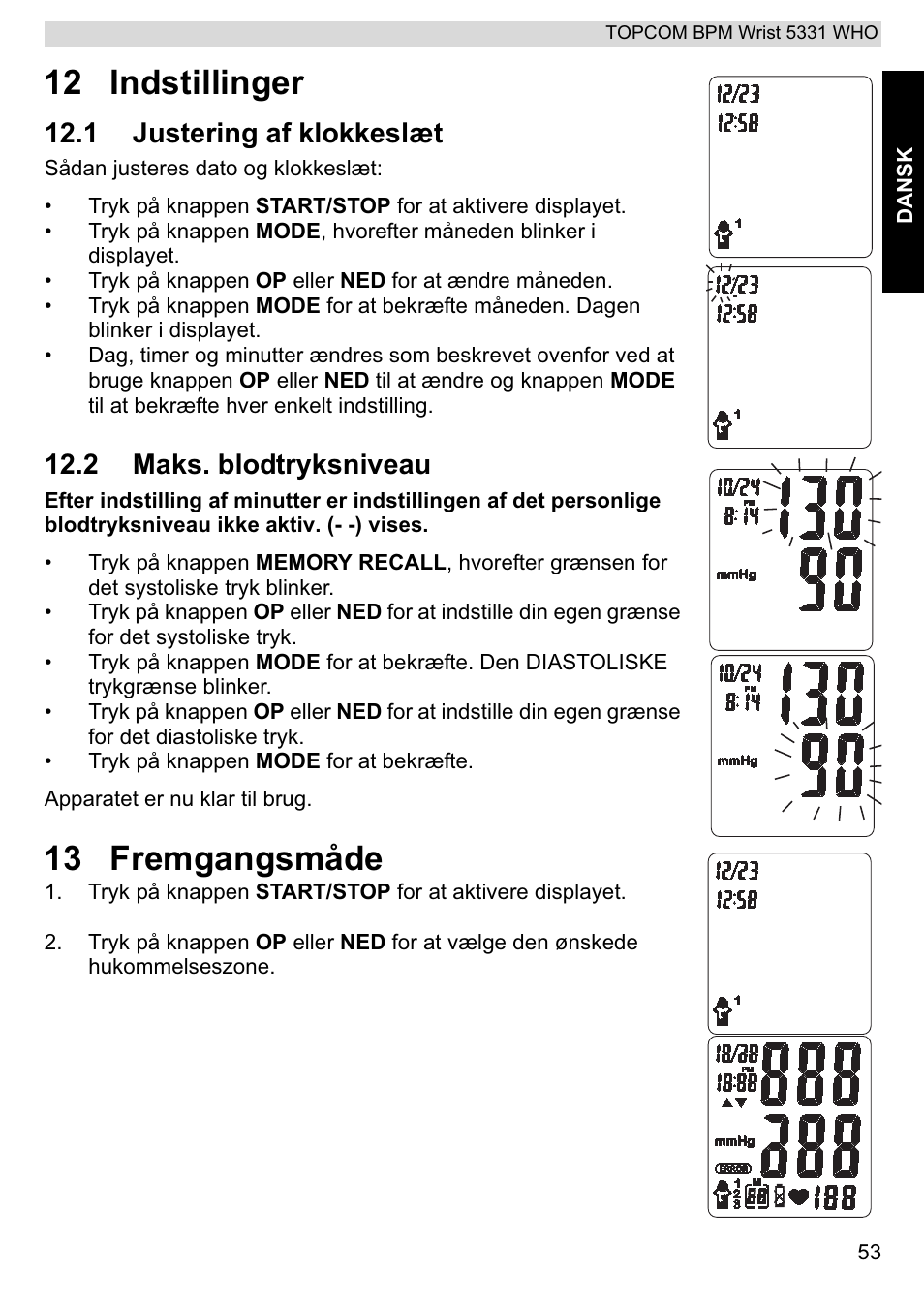 12 indstillinger, 13 fremgangsmåde, 1 justering af klokkeslæt | 2 maks. blodtryksniveau | Topcom 5331 WHO User Manual | Page 53 / 76
