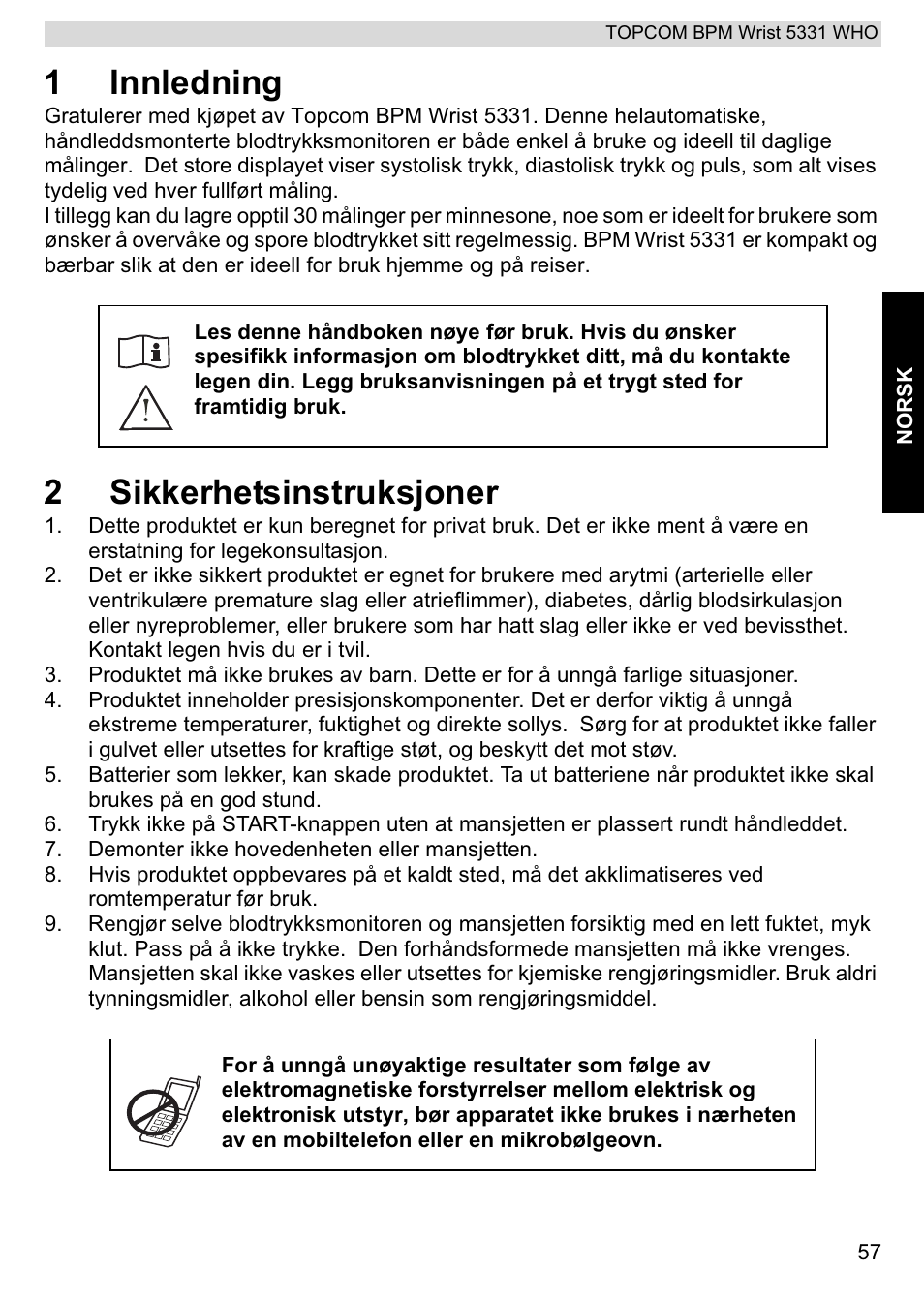 1innledning, 2sikkerhetsinstruksjoner | Topcom 5331 WHO User Manual | Page 57 / 76