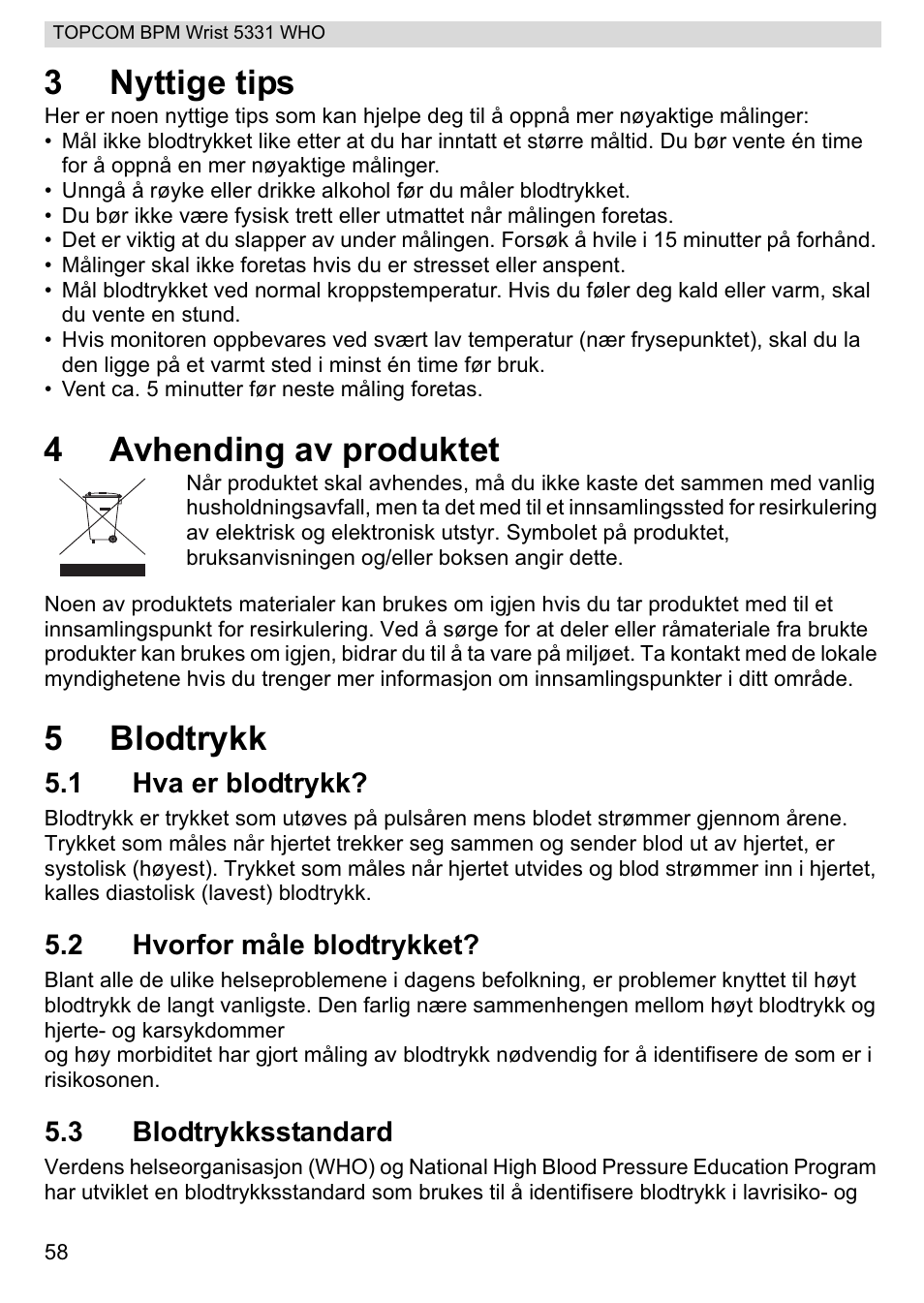 3nyttige tips, 4avhending av produktet, 5blodtrykk | Topcom 5331 WHO User Manual | Page 58 / 76