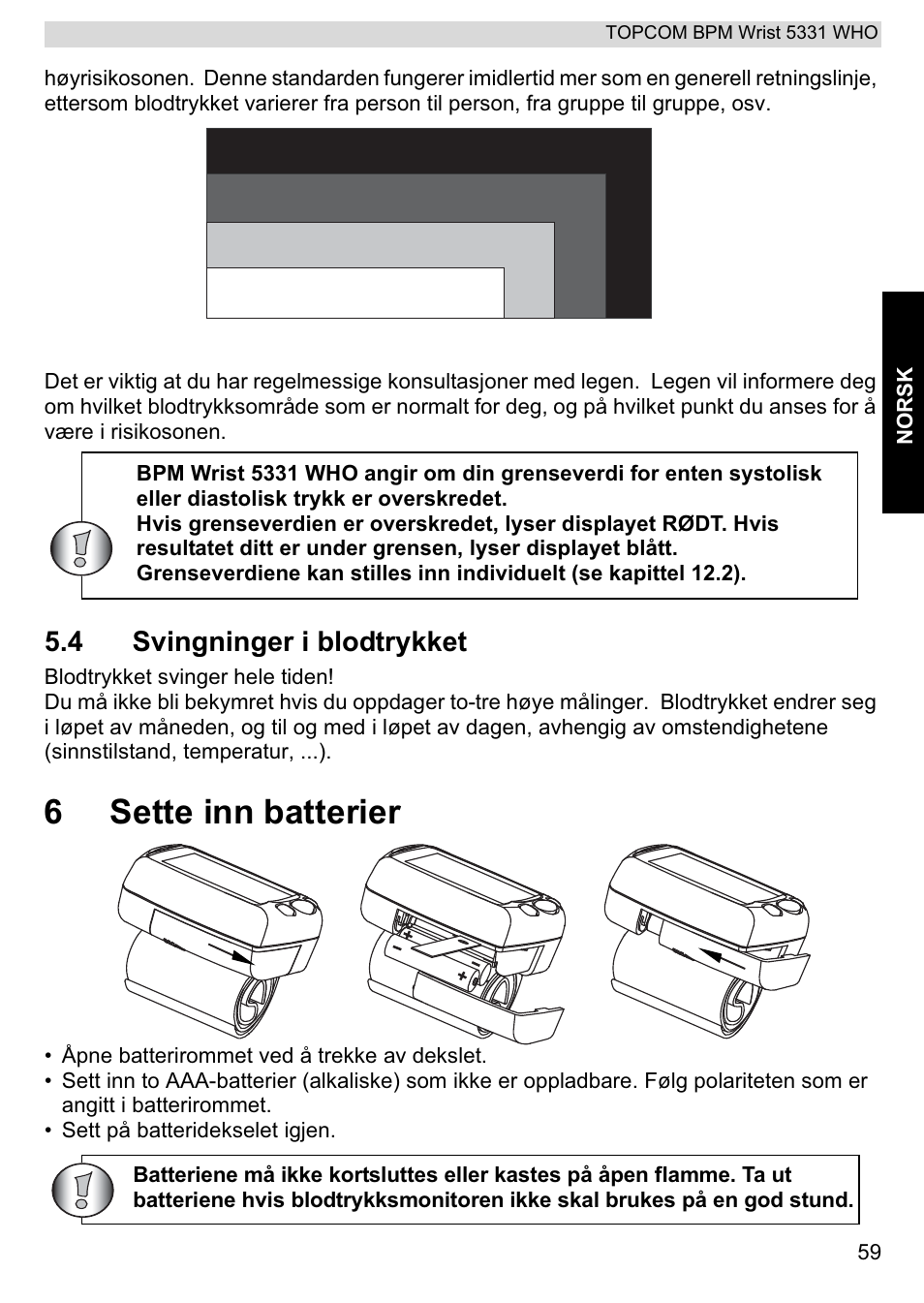 6sette inn batterier, 4 svingninger i blodtrykket | Topcom 5331 WHO User Manual | Page 59 / 76