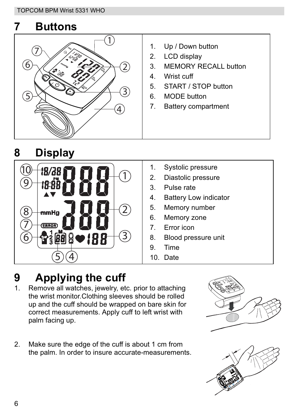 7buttons 8 display 9 applying the cuff | Topcom 5331 WHO User Manual | Page 6 / 76