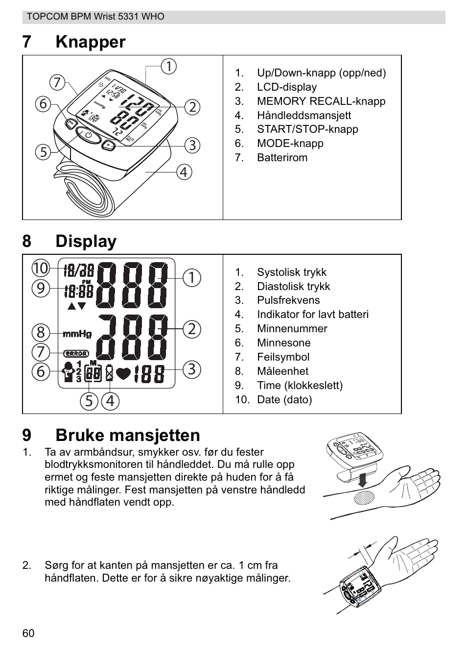 7knapper 8 display 9 bruke mansjetten | Topcom 5331 WHO User Manual | Page 60 / 76